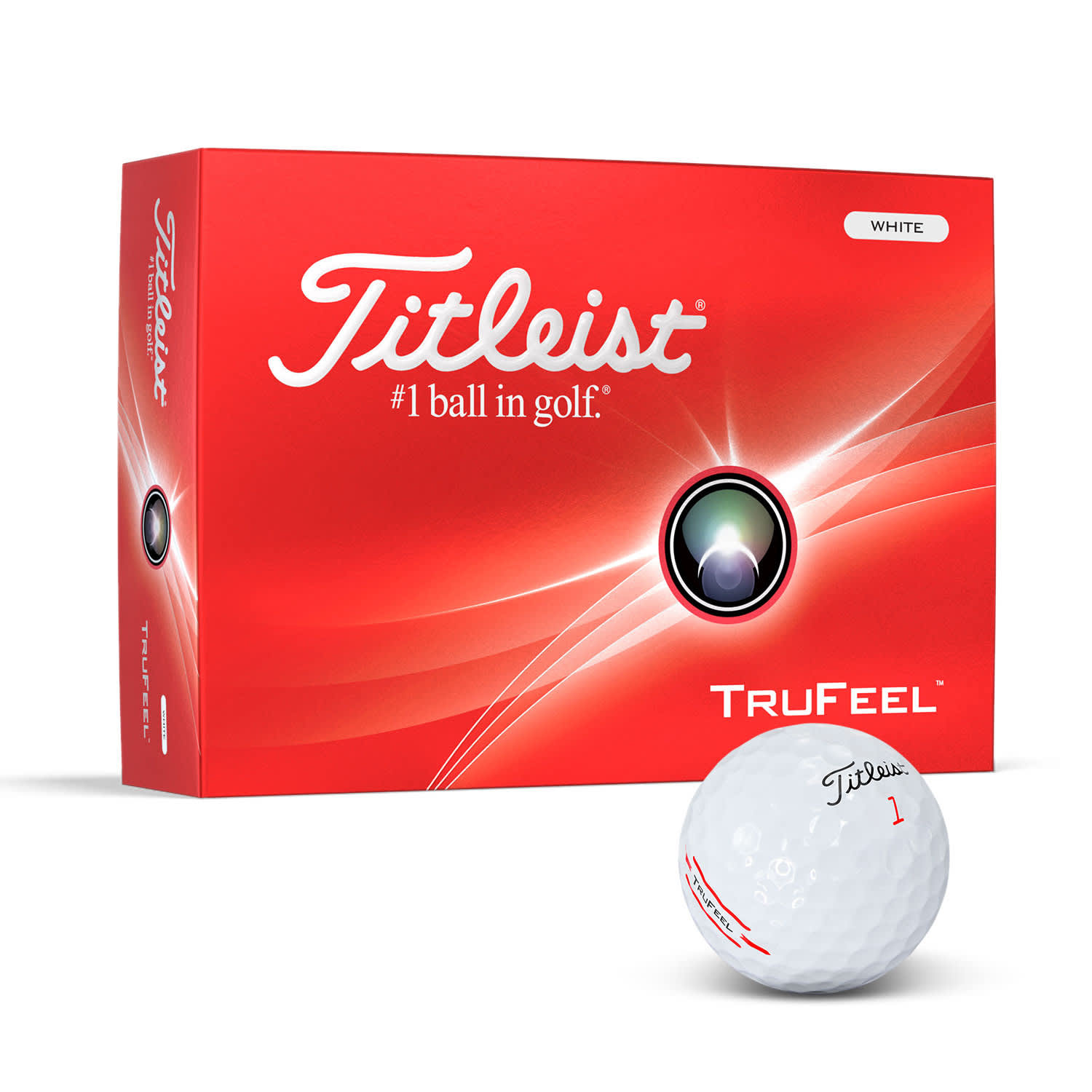 A box of Titleist TruFeel golf balls in white, featuring a logo and a glossy finish. Titleist TruFeel Golf Ball - Image 1
