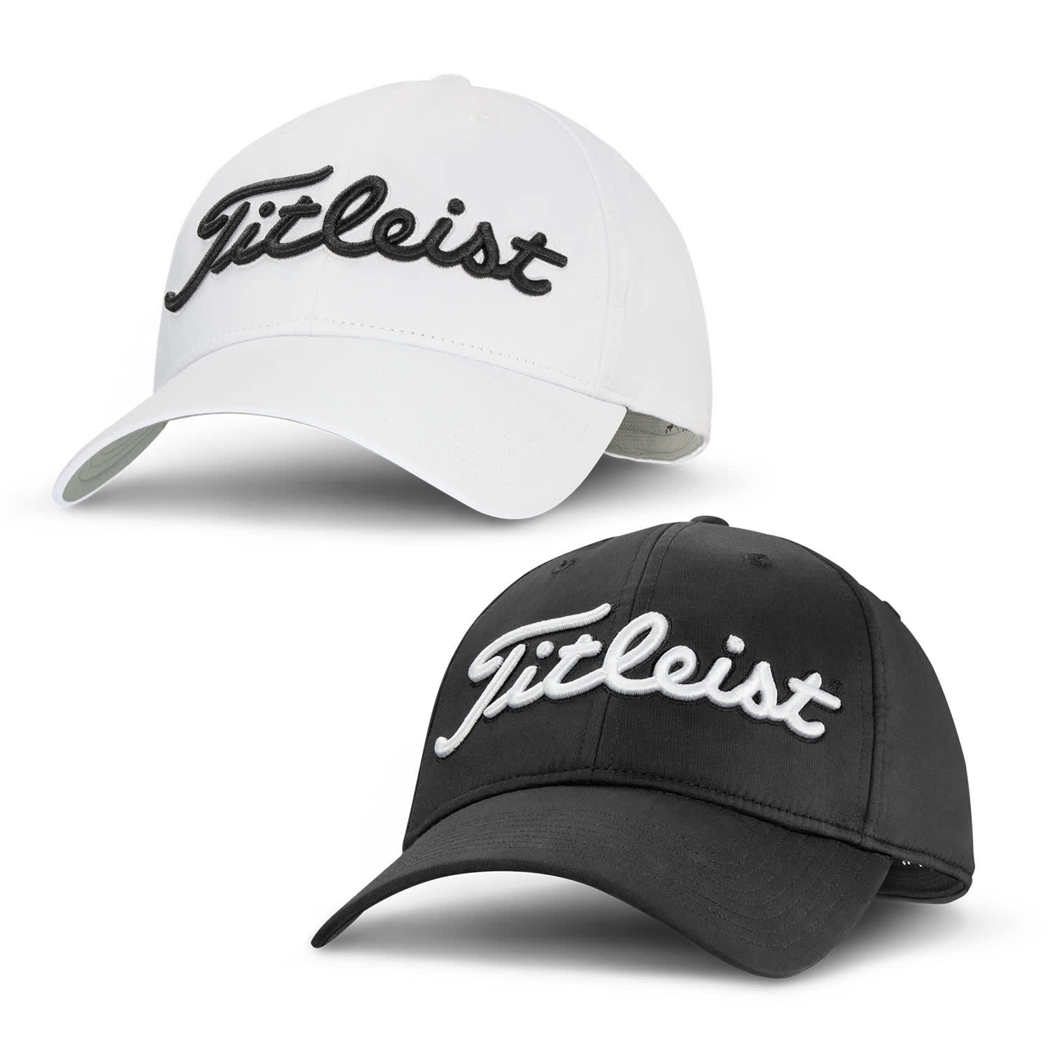 A white and a black cap featuring a branded logo, designed for performance and comfort. Titleist Tour Performance Cap - Image 1