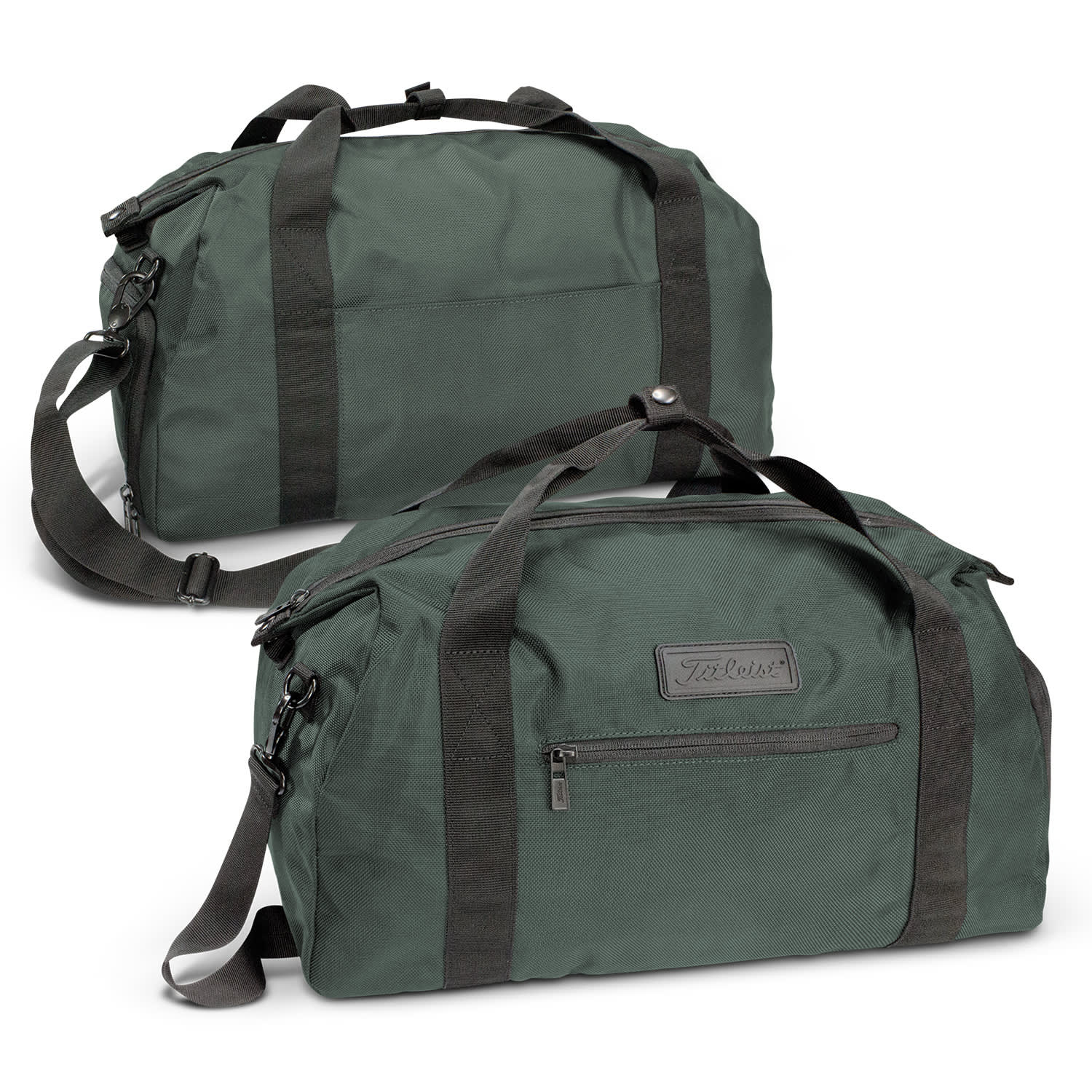 A dark green duffle bag with a shoulder strap and a front zipper pocket, featuring a logo. Titleist Players Boston Bag - Image 1
