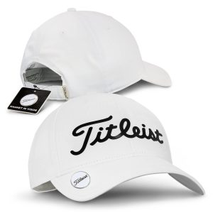 A white golf cap with a branded logo and a magnetic feature in the visor.