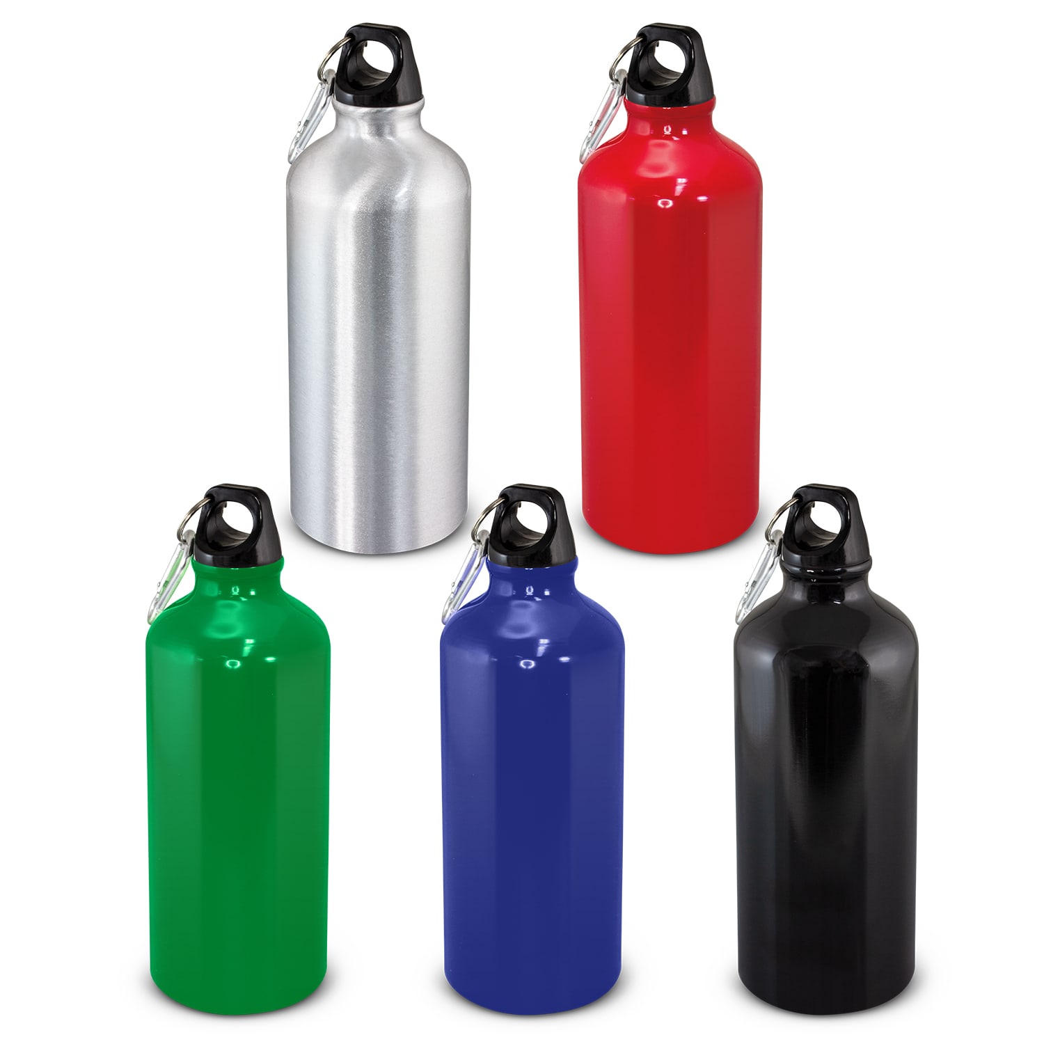 A drink bottle collection featuring silver, red, green, blue, and black colours, each with a black lid and carrying handle. Intrepid Bottle - 600ml - Image 1