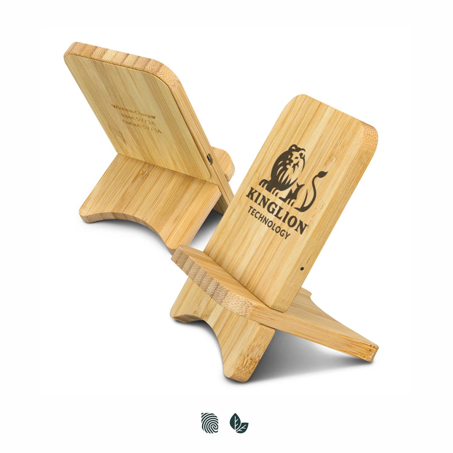 A bamboo wireless charging stand in a natural wood finish with a logo featured on the front. Bamboo Wireless Charging Stand - Image 1