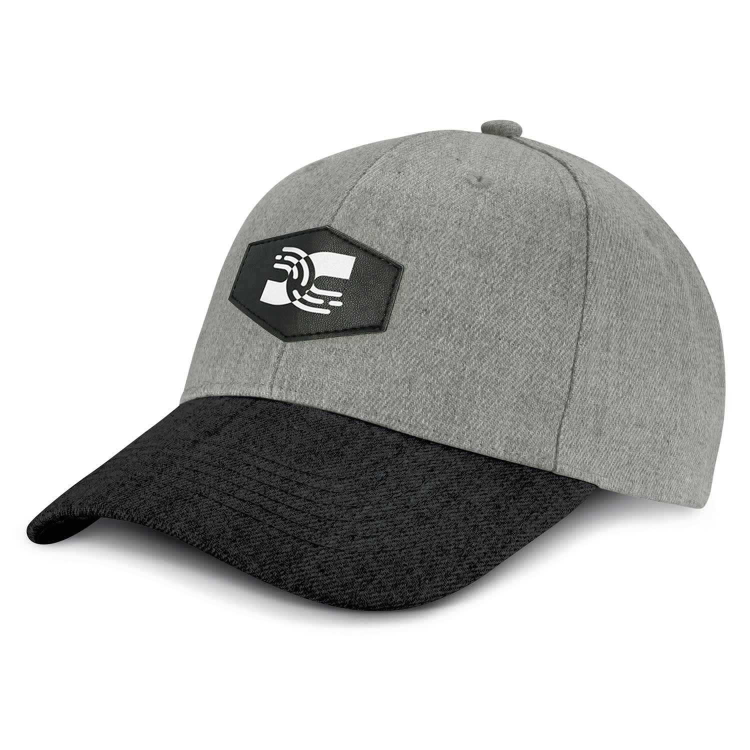 A grey cap with a black peak, featuring a patch with a logo on the front. Raptor Cap with Patch - Image 1
