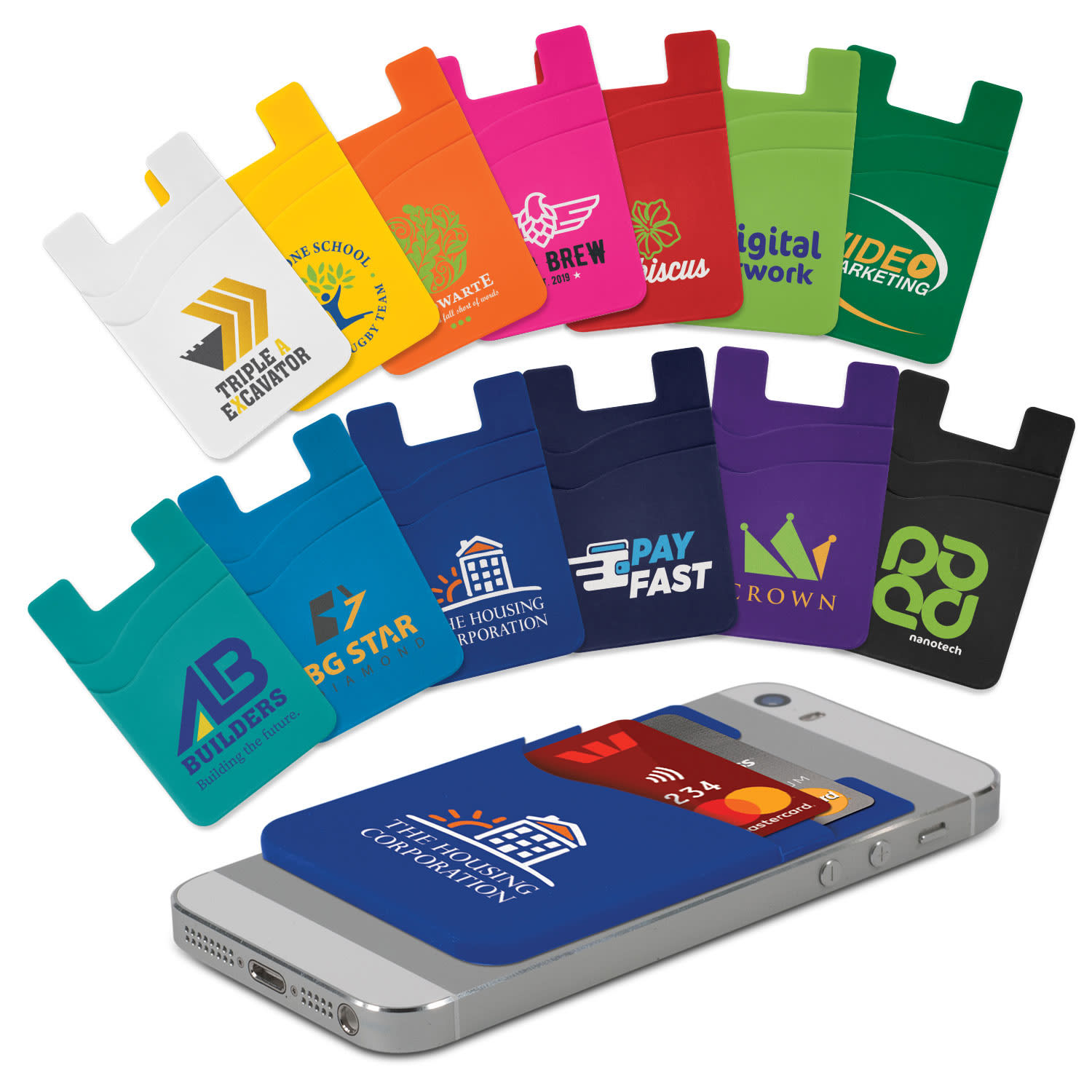 A collection of colourful silicone phone wallets in various hues, displayed with a smartphone. Each wallet features a logo. Dual Silicone Phone Wallet - Image 1