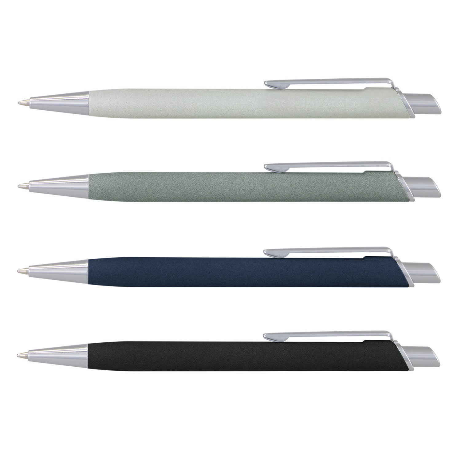 A collection of four metal pens in light grey, dark grey, navy blue, and black, each with a silver clip and branding. Riverstone Pen - Image 1