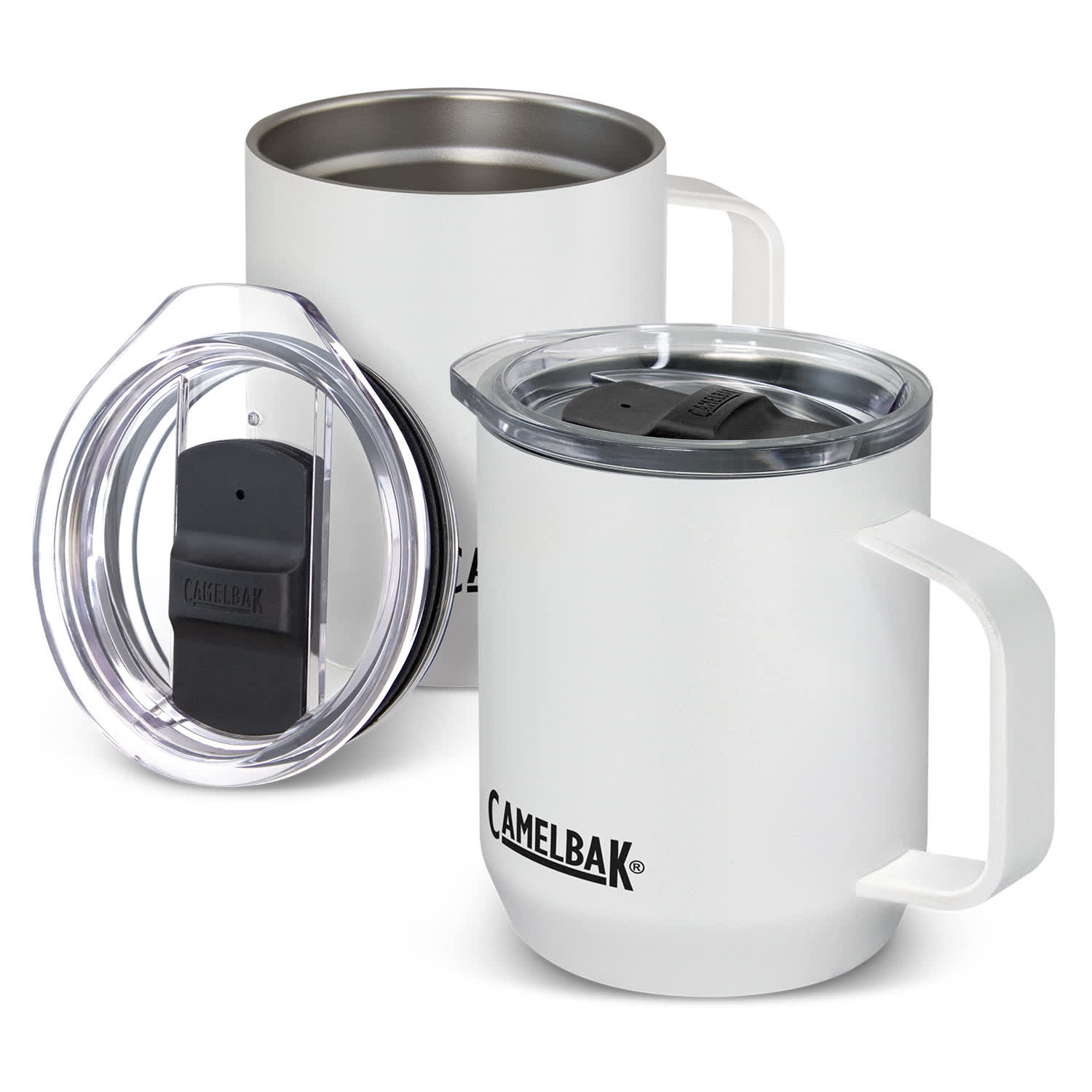 A drink bottle in white with a transparent lid, featuring a handle and a logo. CamelBak Horizon Vacuum Camp Mug - Image 1