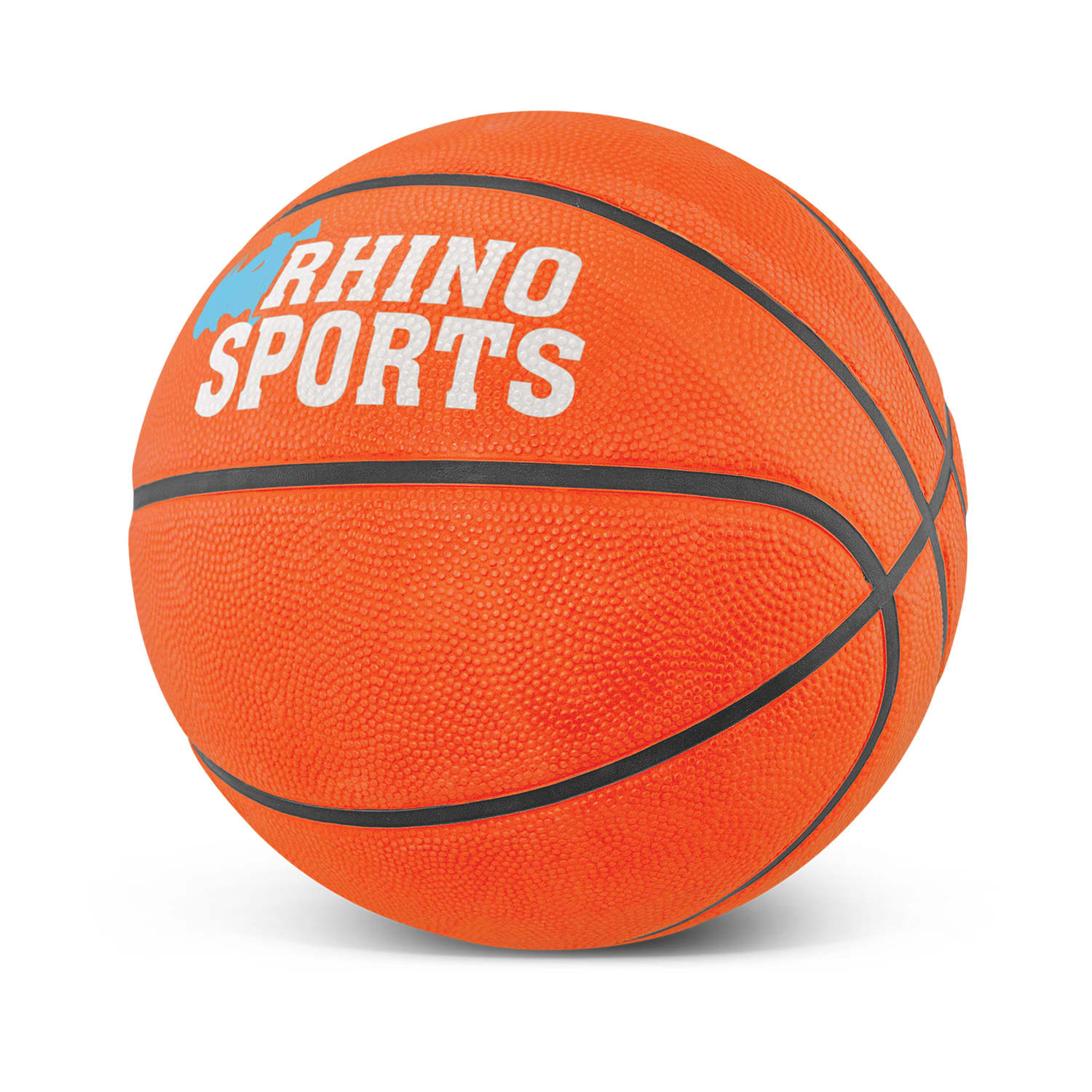 An orange basketball with black detailing and a logo. The surface has a textured grip. Basketball Promo - Image 1