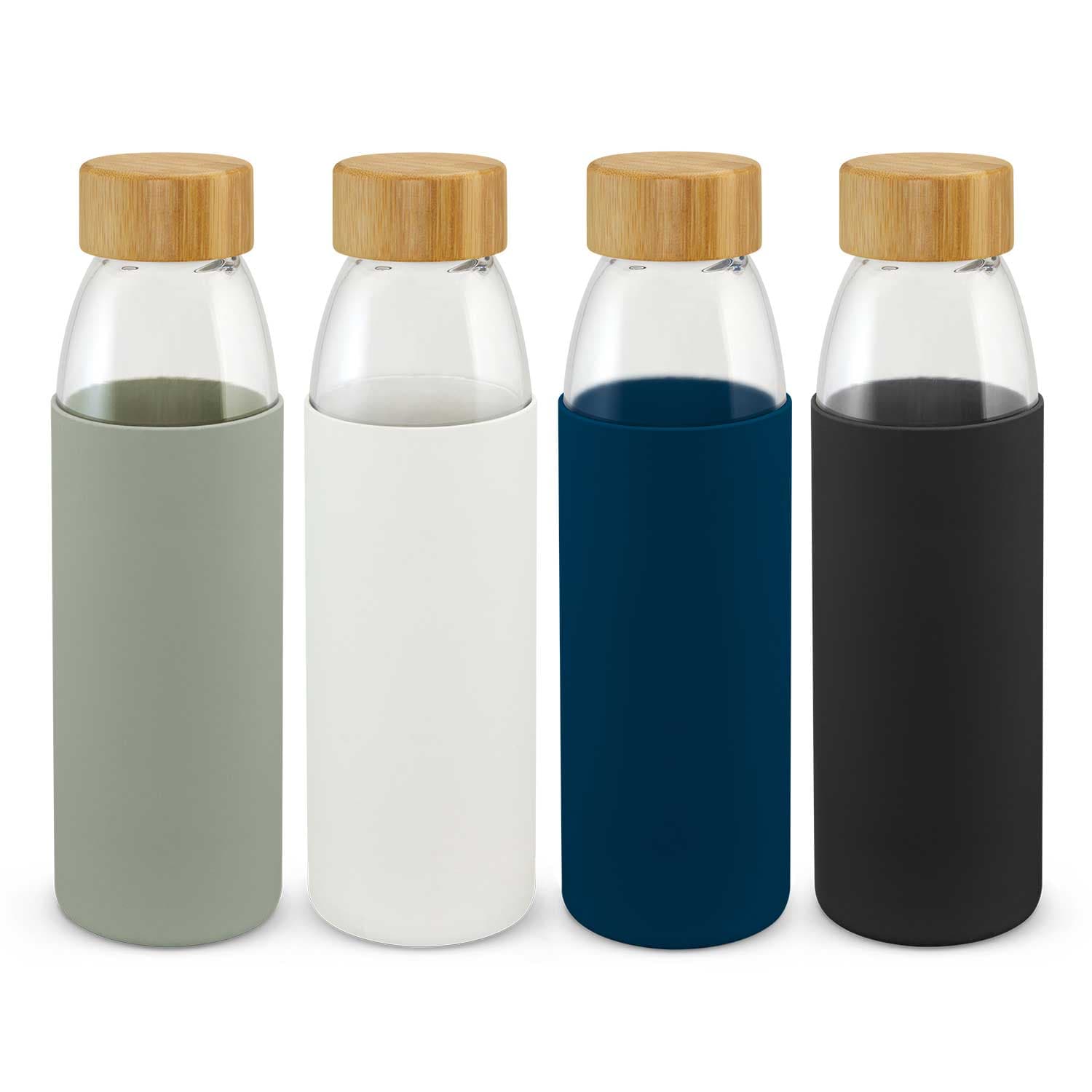 A drink bottle collection featuring four glass bottles with bamboo lids and silicone sleeves in green, white, navy, and black. Solstice Glass Bottle - Image 1