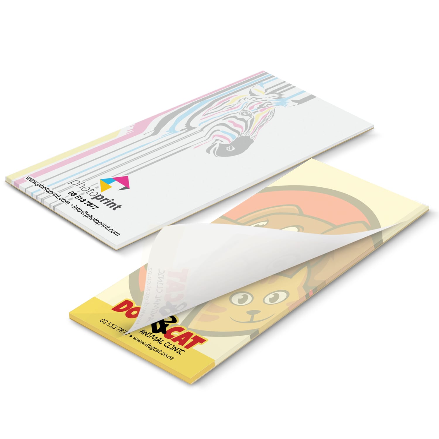 A full-colour note pad with a striped design on one side and a cartoon dog and cat on the other, featuring a logo. 90mm x 160mm Note Pad - Full Colour - Image 1