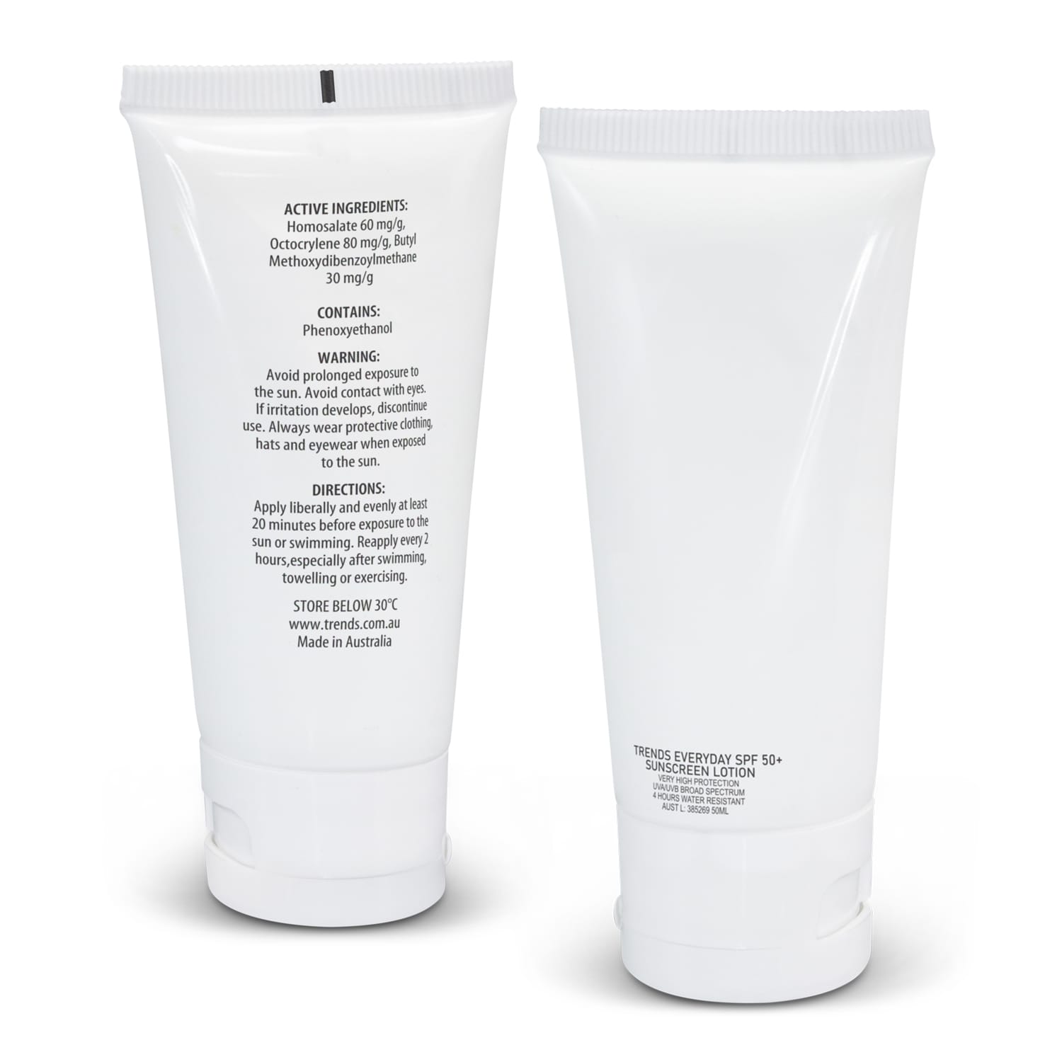 A white tube of TRENDS Everyday SPF 50+ Sunscreen, containing 50ml of sunscreen lotion, featuring a logo. TRENDS Everyday SPF 50+ Sunscreen 50ml - Image 1