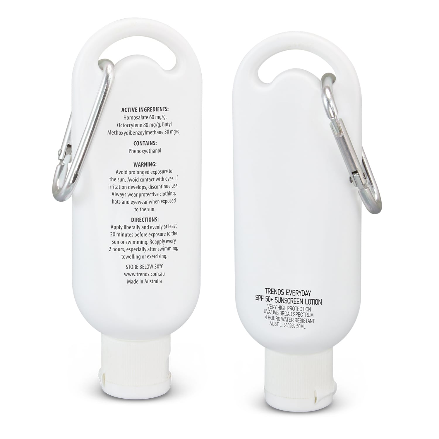 A white 50ml sunscreen bottle featuring a carabiner, with a label listing ingredients and instructions. TRENDS Everyday SPF 50+ Carabiner Sunscreen 50ml - Image 1