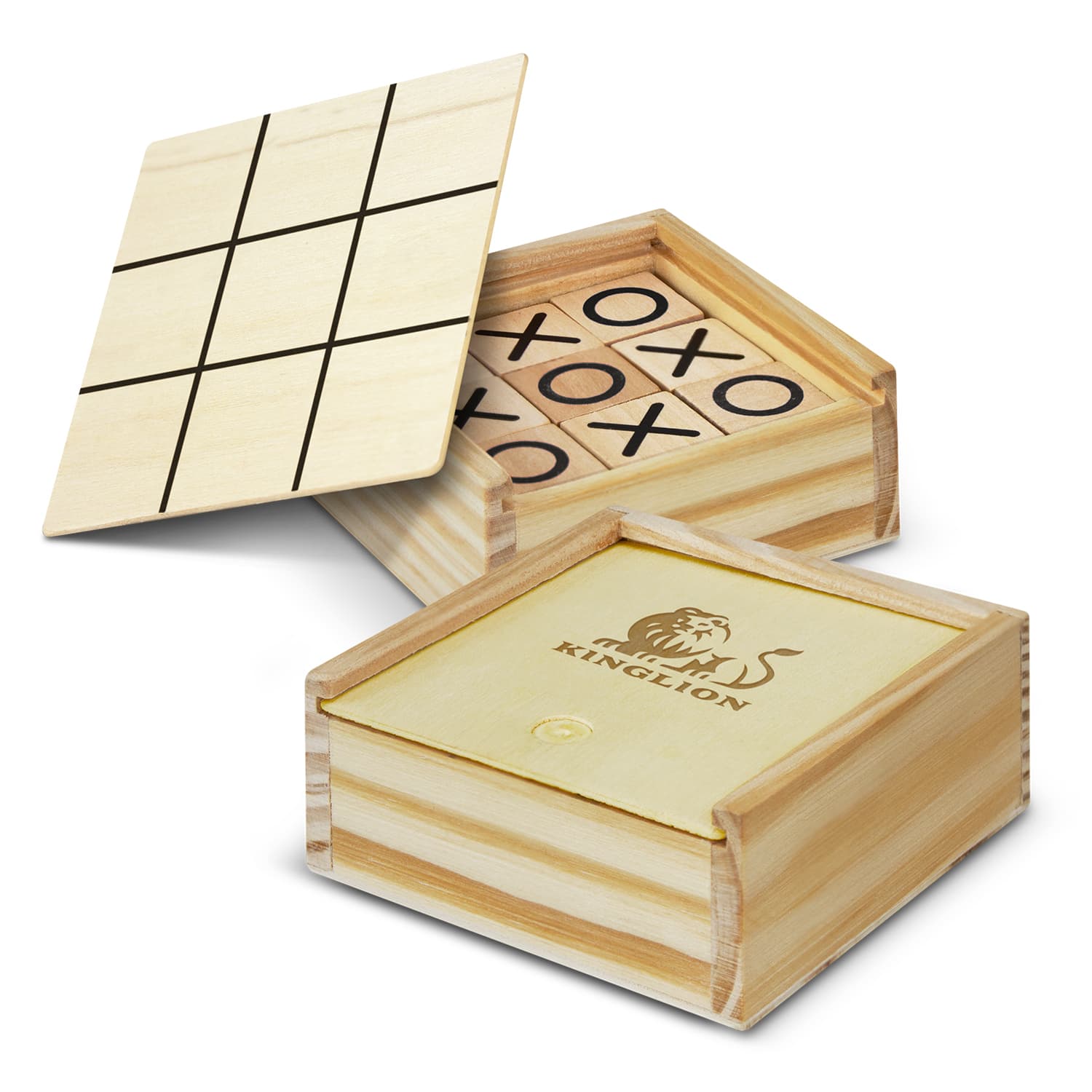 A Tic Tac Toe game set featuring a hexagonal wooden box, wooden board, and game pieces in black and natural wood colours. Tic Tac Toe Game - Image 1