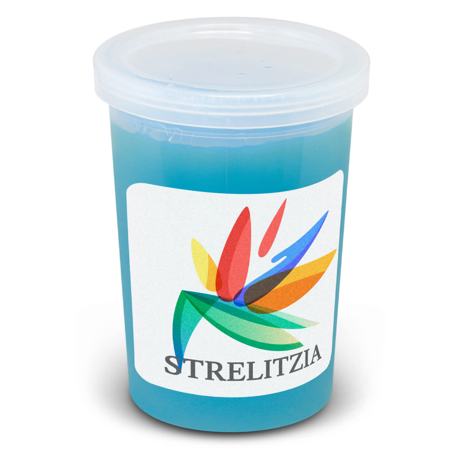 A clear container of blue stress slime featuring a colourful logo on the front. Stress Slime - Image 1