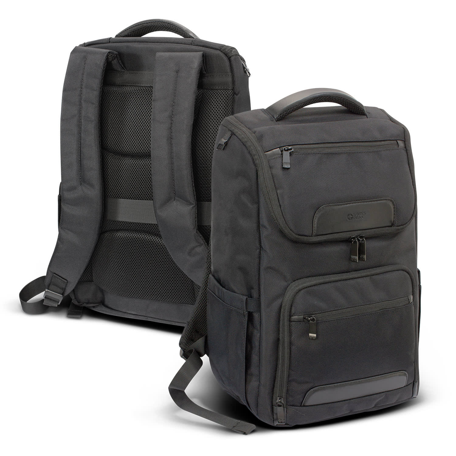 A grey Swiss Peak Voyager Laptop Backpack featuring padded straps and multiple compartments. It has a logo on the front. Swiss Peak Voyager Laptop Backpack - Image 1