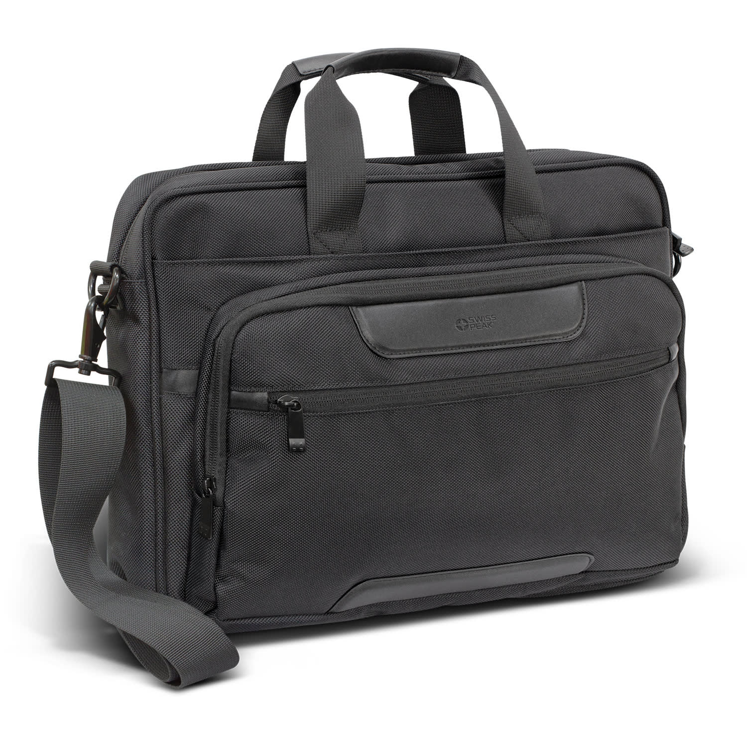 A grey laptop bag with multiple compartments, featuring a shoulder strap and handle, along with a logo. Swiss Peak Voyager Laptop Bag - Image 1