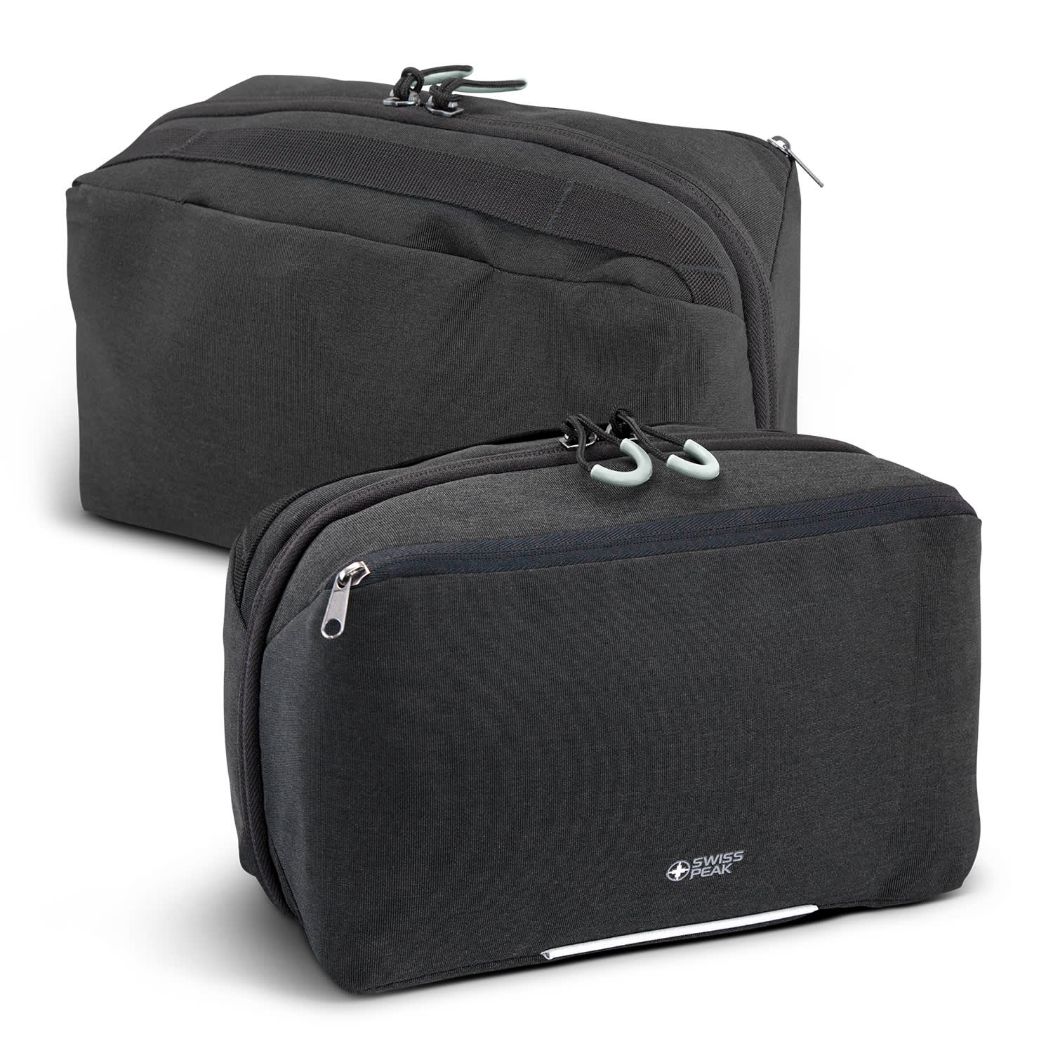 Two black Swiss Peak toiletry bags in different sizes, featuring zip closures and one with a logo. Swiss Peak Toiletry Bag - Image 1