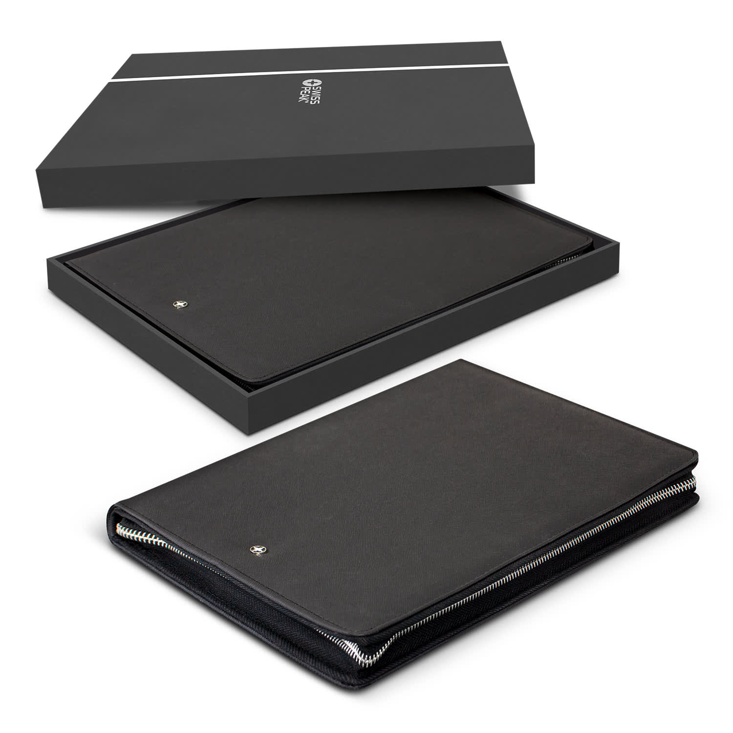 A black A4 portfolio with a zipper, presented in an elegant black box. It features a subtle logo. Swiss Peak Heritage A4 Portfolio with Zipper - Image 1