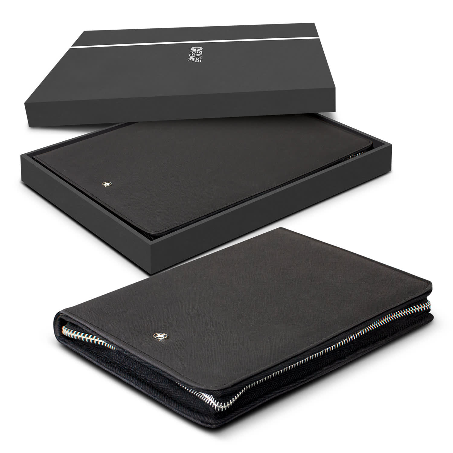 A black A5 portfolio with a zipper in an open black box, featuring a subtle logo. Swiss Peak Heritage A5 Portfolio with Zipper - Image 1