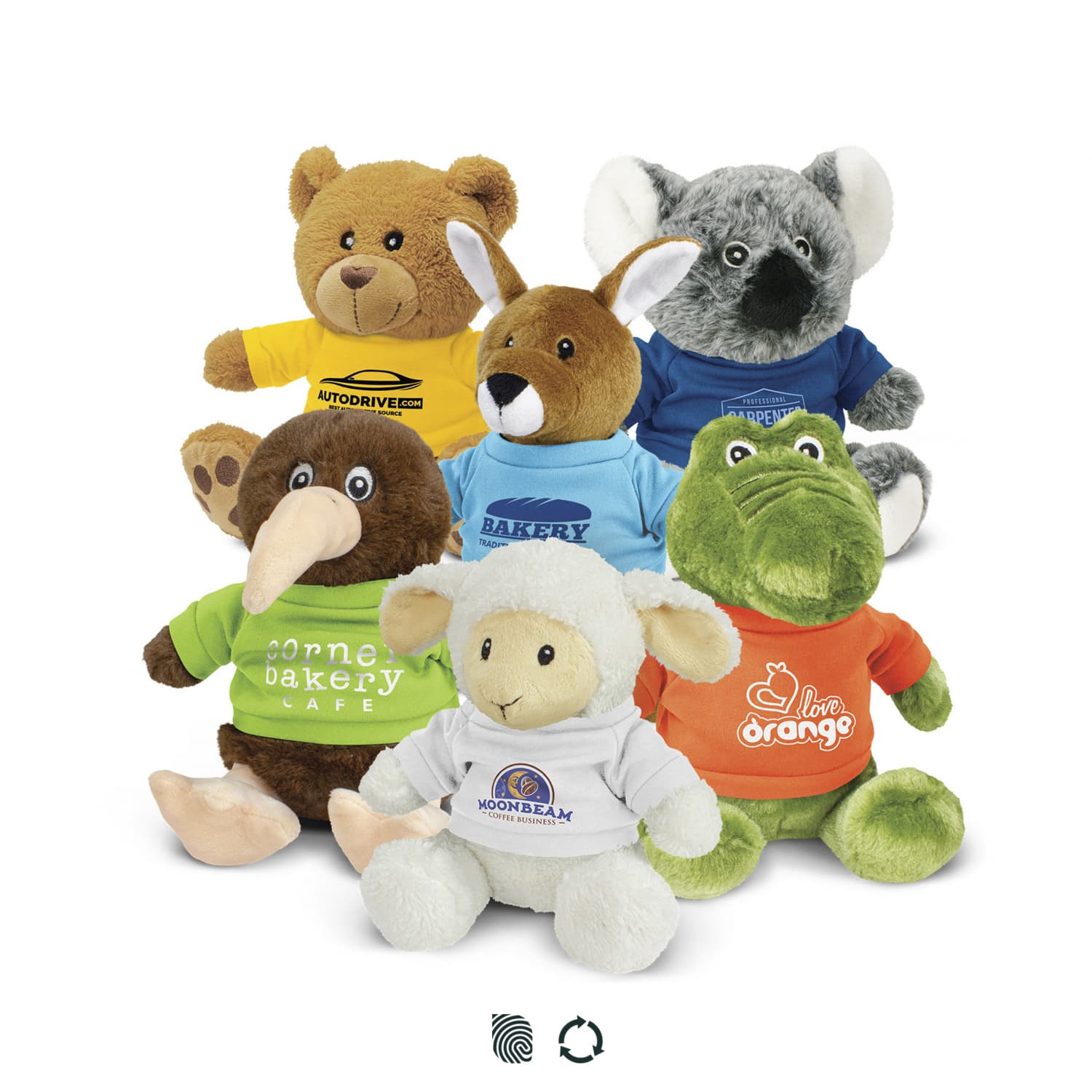 A collection of assorted plush toys in various colours, including a bear, koala, kangaroo, kiwi, sheep, and crocodile, each wearing shirts. Assorted Plush Toys - Image 1