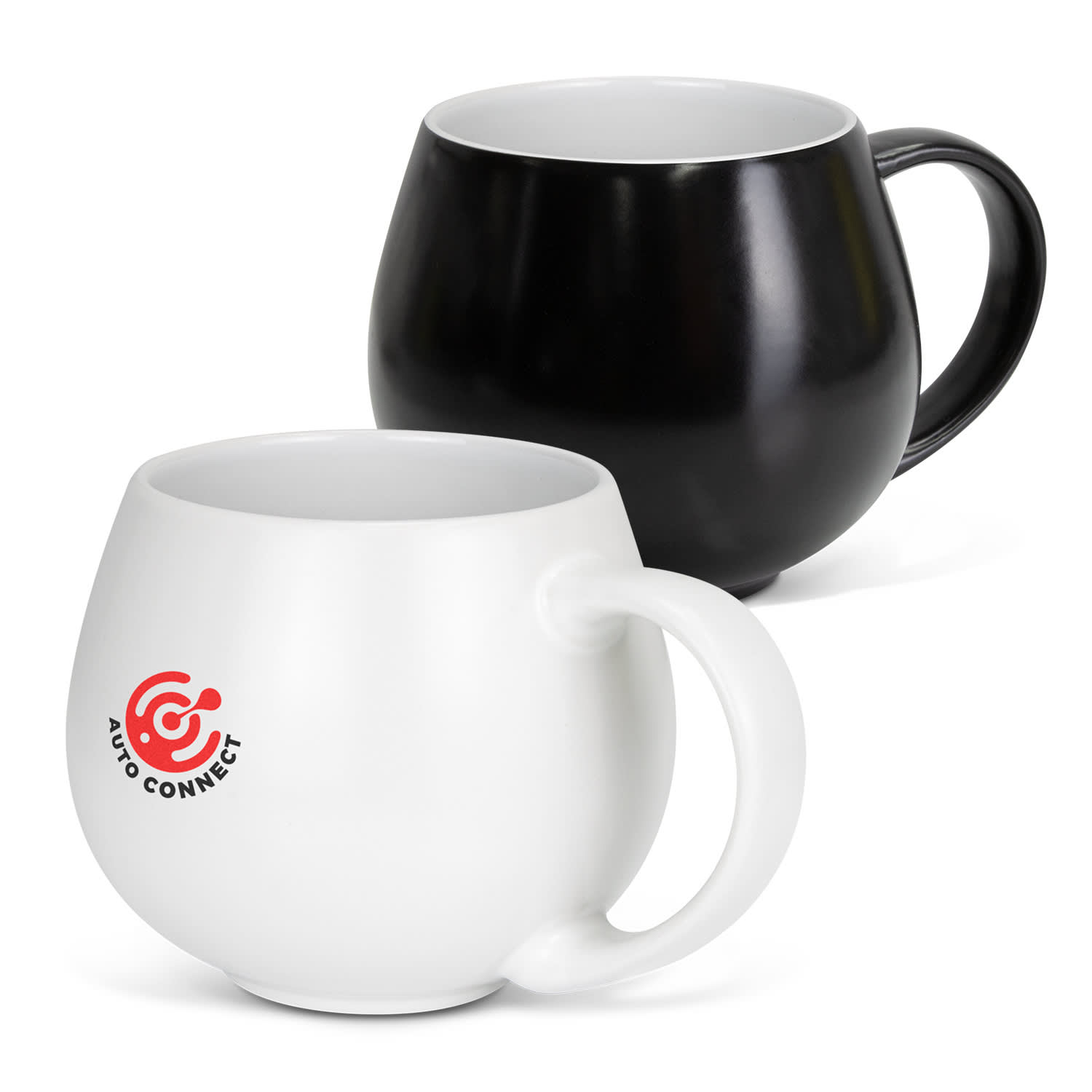 A coffee mug set featuring a glossy black mug and a matte white mug. Each mug has a logo on it. Solace Coffee Mug - Image 1