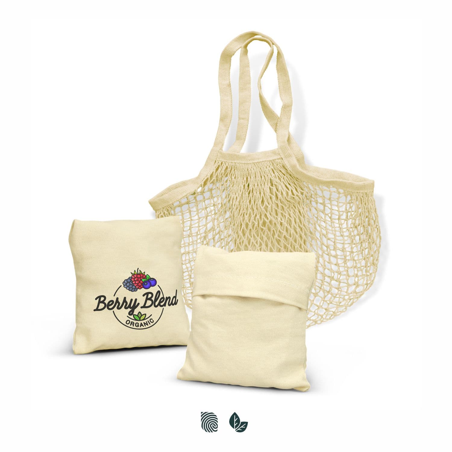 A natural cotton mesh tote bag with two folded bags, featuring a logo on one of the smaller bags. Cotton Mesh Foldaway Tote Bag - Image 1