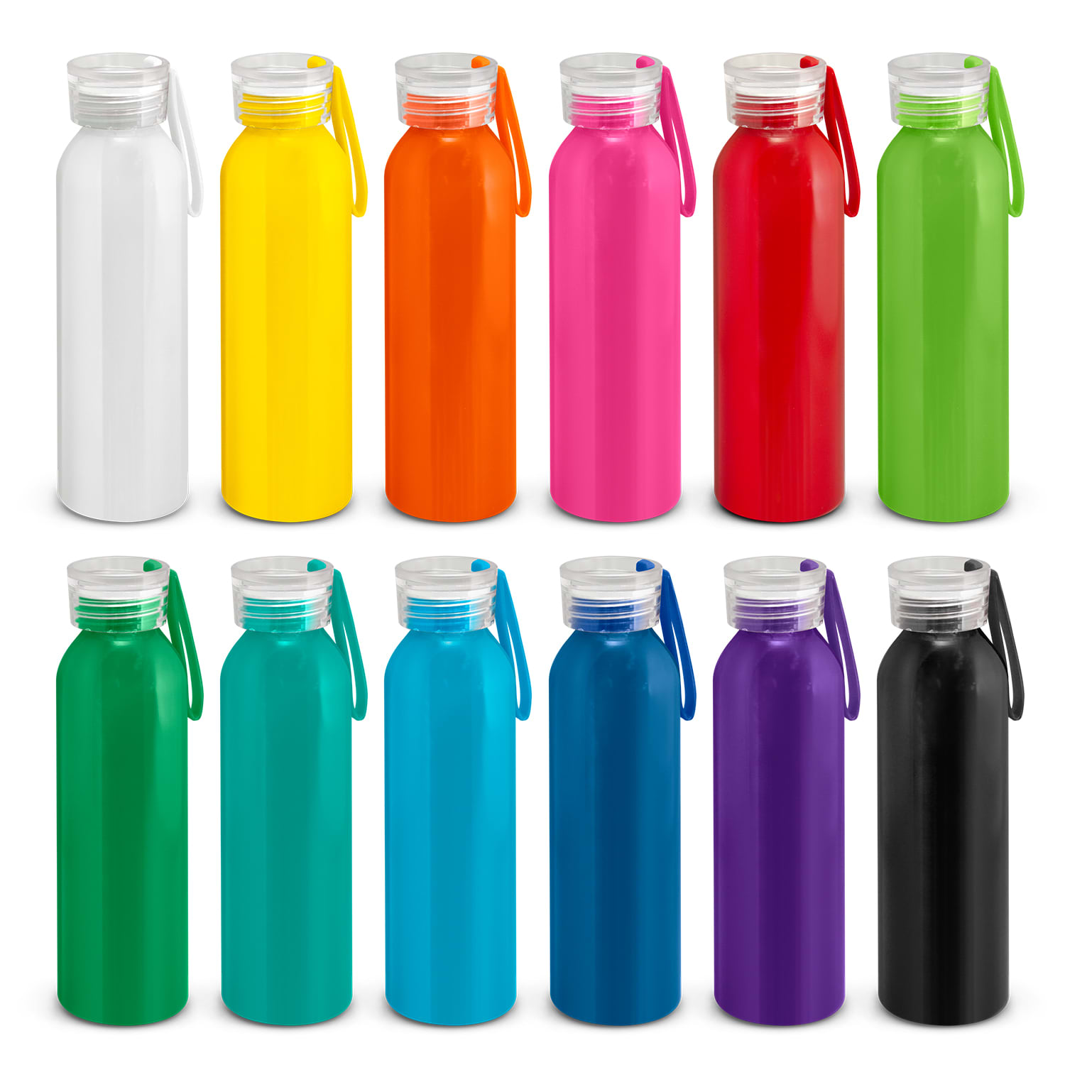 A drink bottle in various colours including white, yellow, orange, pink, green, and more, featuring a logo on the cap. Hydro Bottle - Image 1