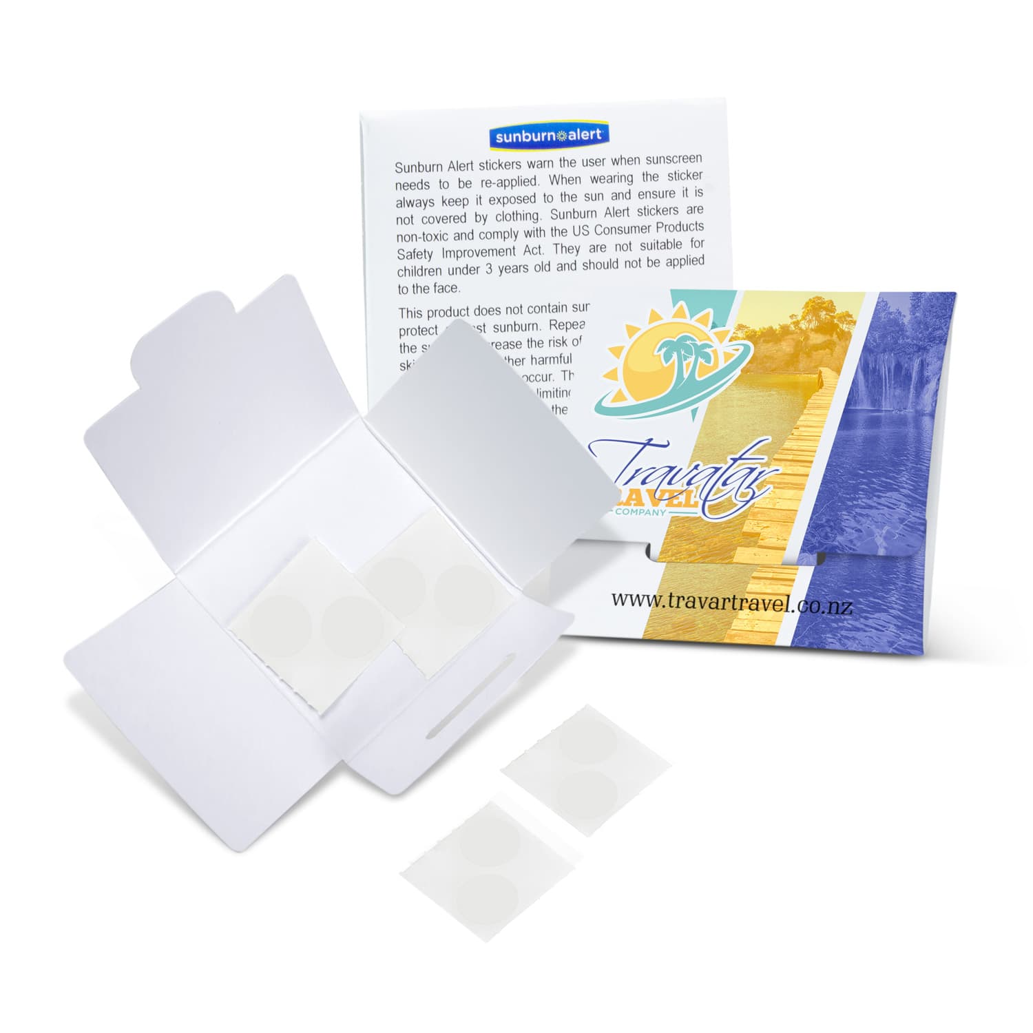 Sunburn Alert Stickers in a white package with a vibrant design, featuring clear stickers for sun safety. Sunburn Alert Stickers - Image 1