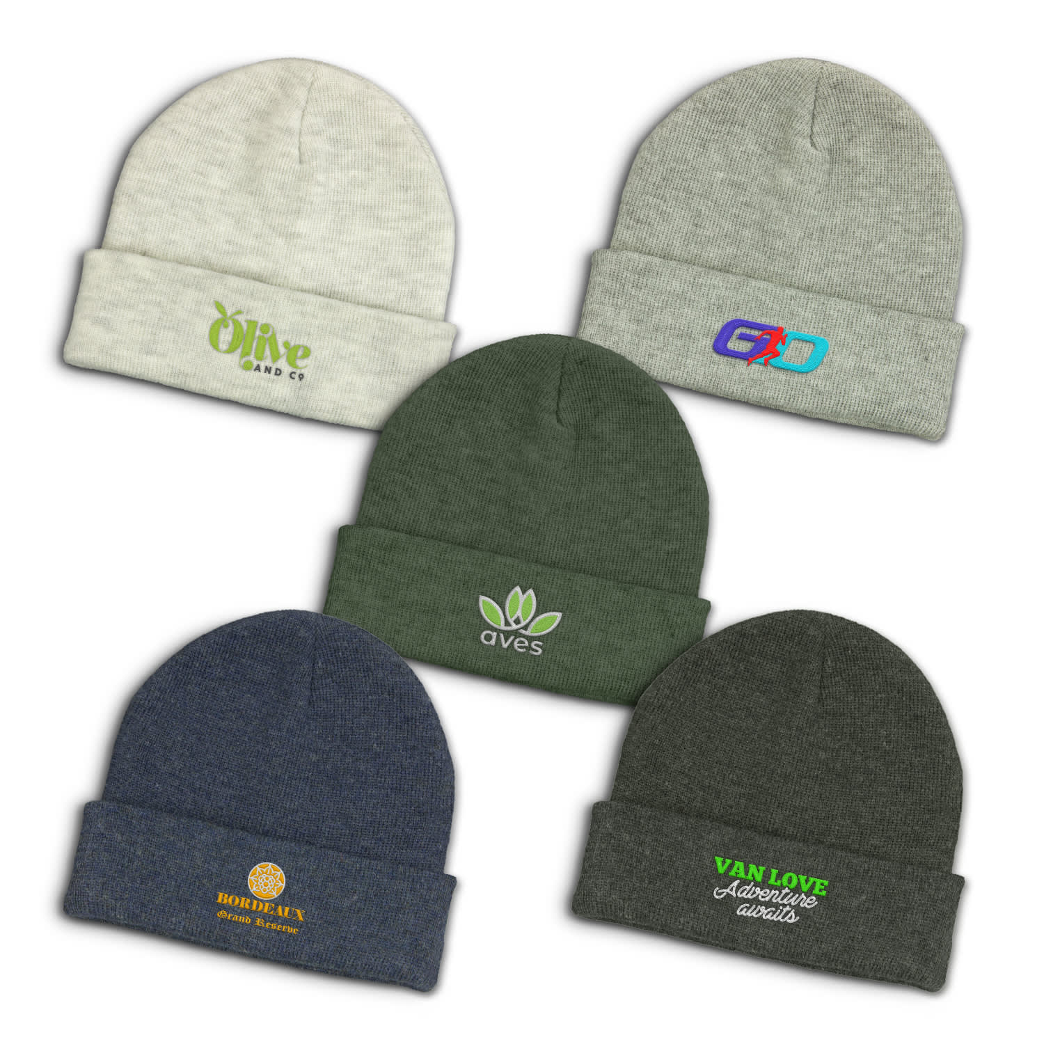 Five beanies in various colours: light grey, dark green, navy blue, and olive green, each with distinct logos. Everest Heather Beanie - Image 1