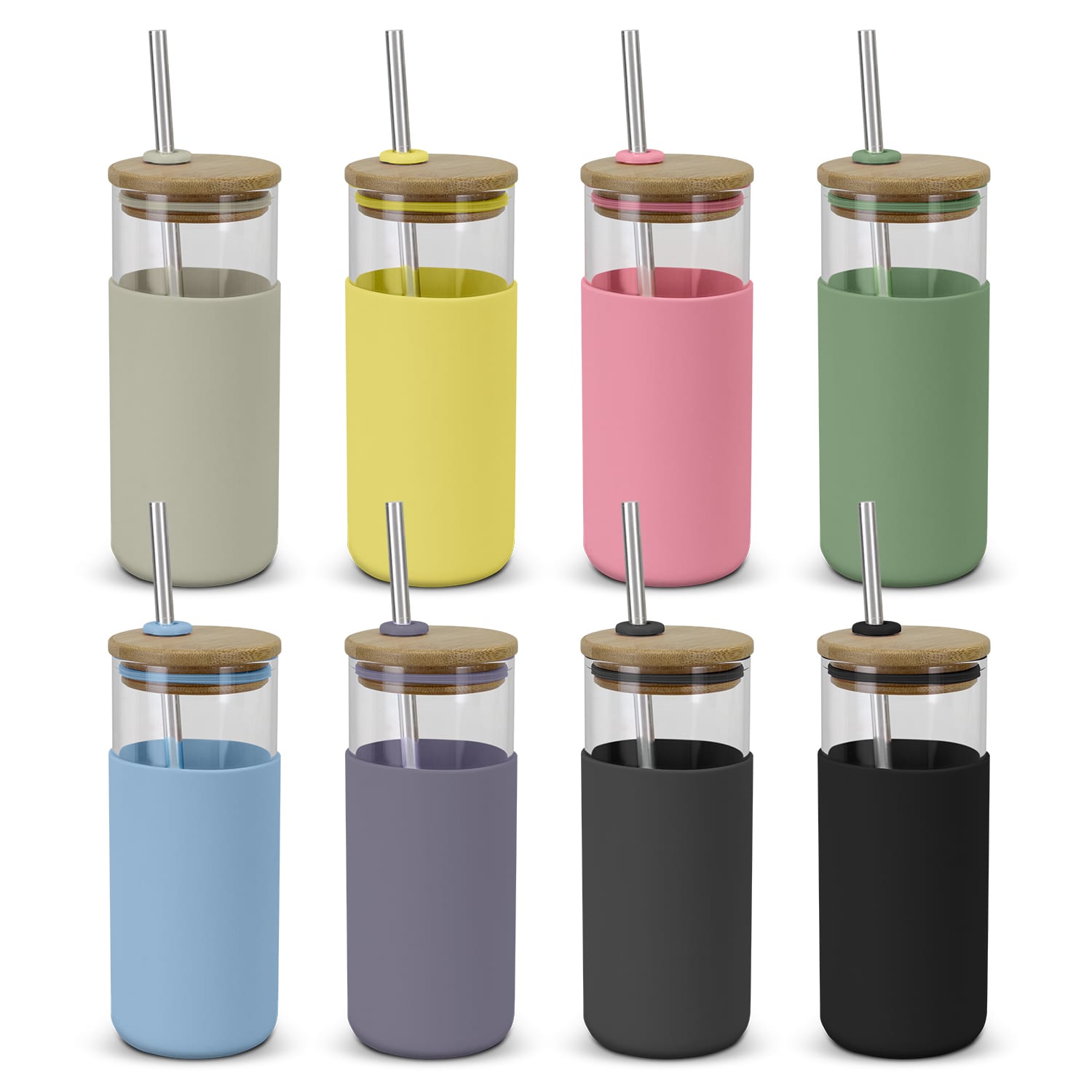 A range of Alchemy Glass Tumblers in various colours with bamboo lids and metal straws, featuring silicone sleeves. Alchemy Glass Tumbler - Image 1