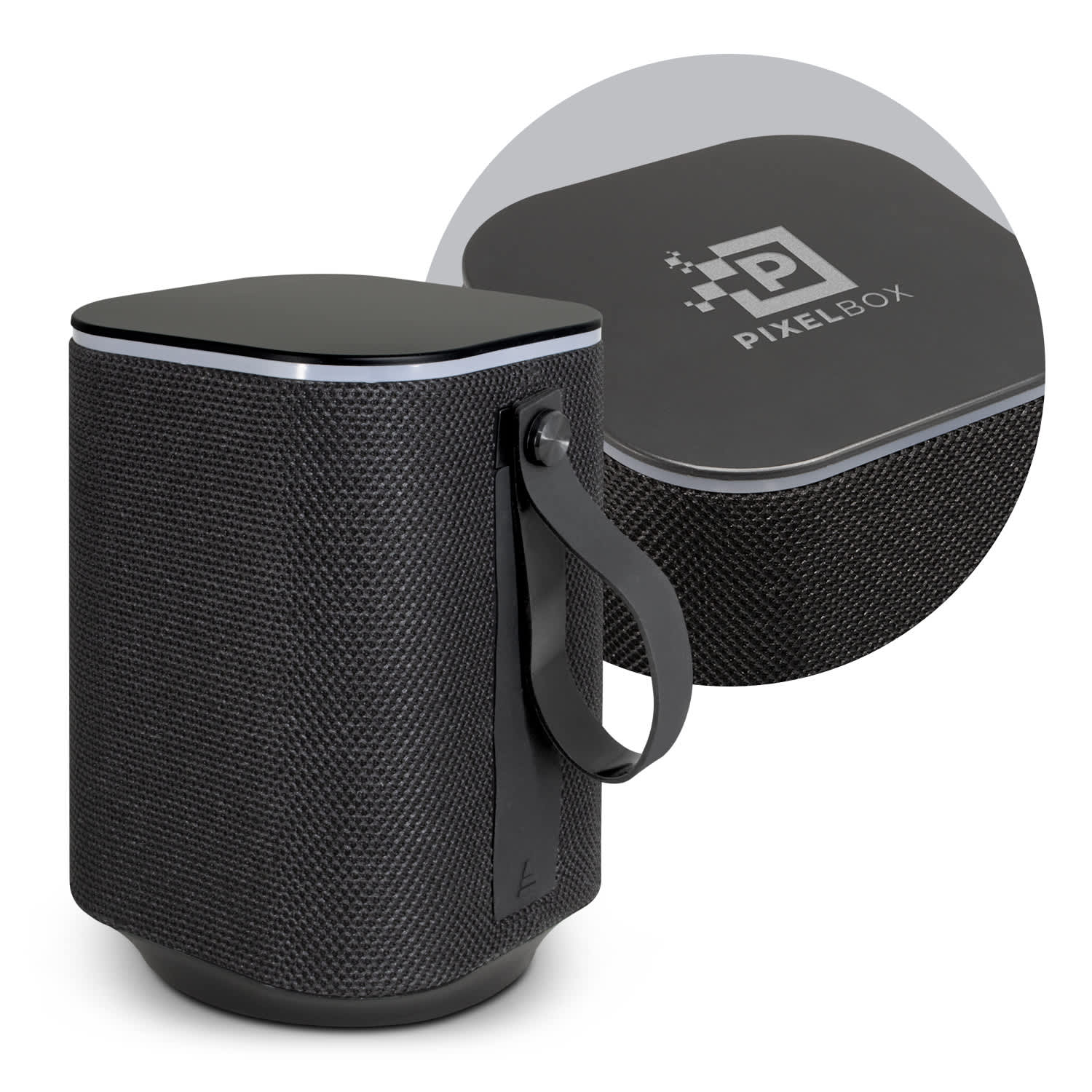 A cylindrical black Bluetooth speaker with a textured surface and a carrying strap. It features a logo on the top. Lumos Bluetooth Speaker - Image 1