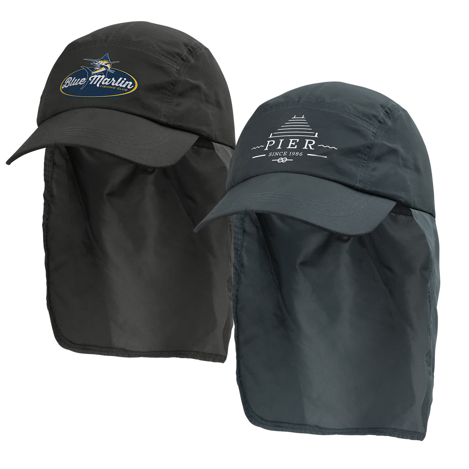 Two Legionnaire hats in dark grey, featuring neck flaps and distinct logos on the front of each. Legionnaire Hat - Image 1