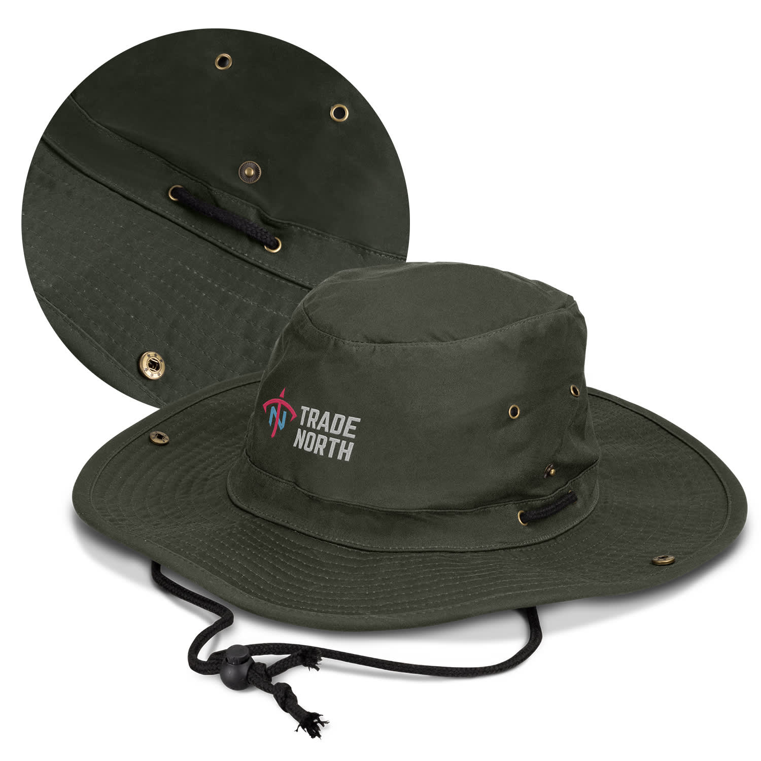An olive green oilskin wide brim hat with ventilation holes and a chin strap, featuring a logo. Oilskin Wide Brim Hat - Image 1