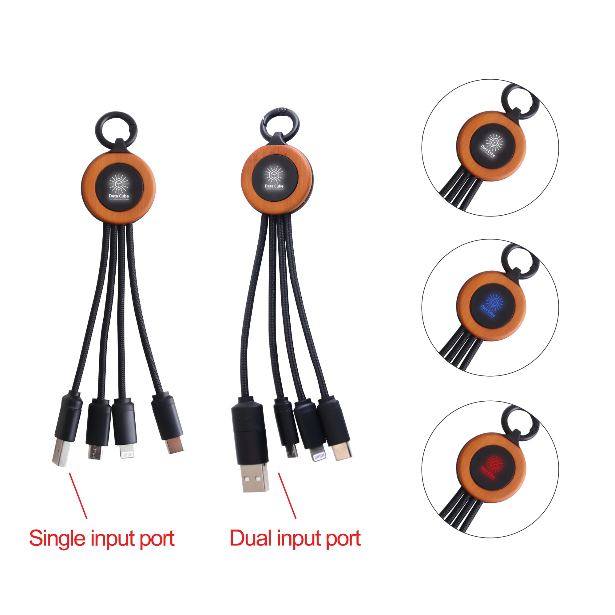 A round light-up charging cable in orange and black, featuring single and dual input ports with a logo. Light Up Charging Cable - Round Shape - Image 1