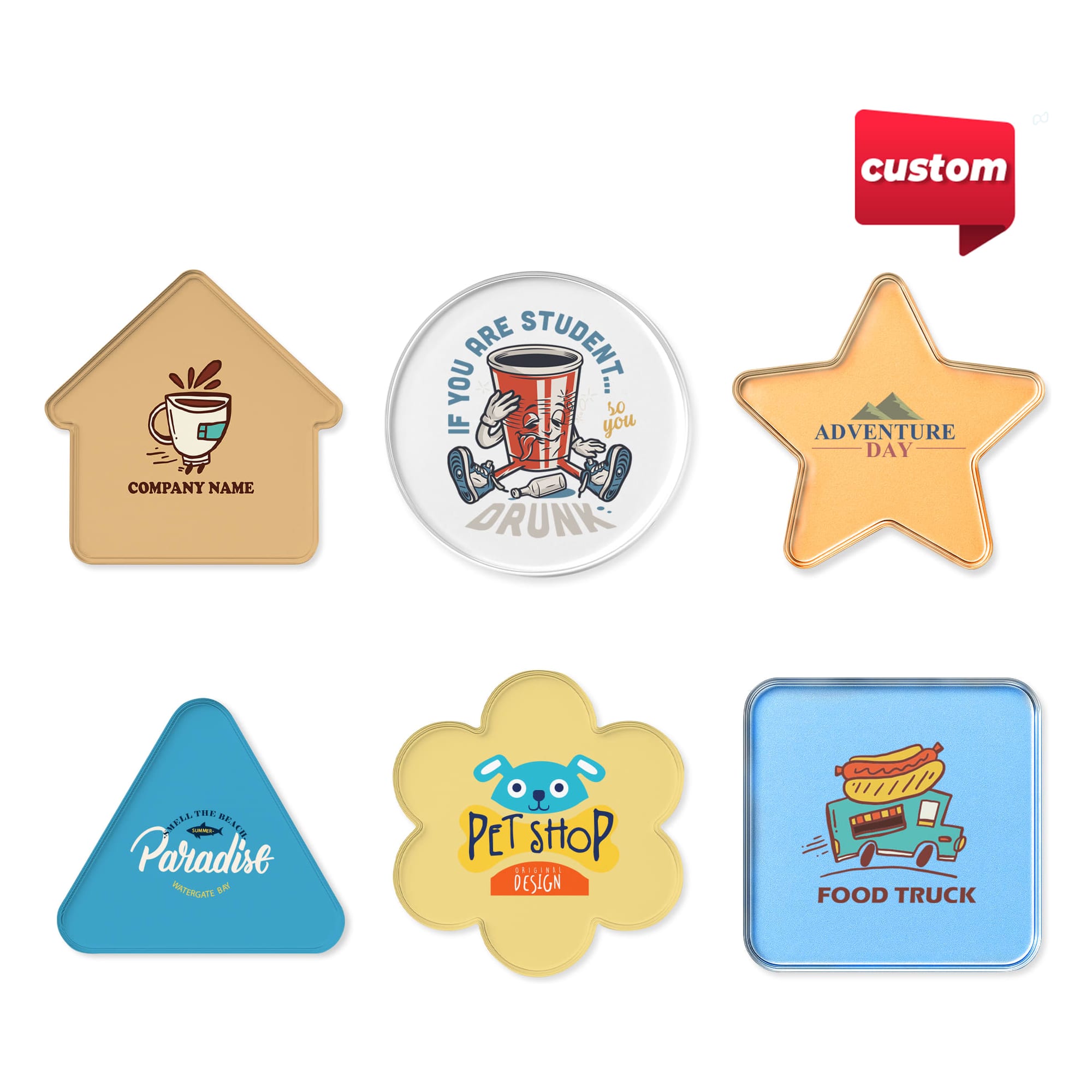 A variety of custom clear acrylic coasters in different shapes and colours, featuring logos and designs. Custom Clear Acrylic Coaster - Image 1