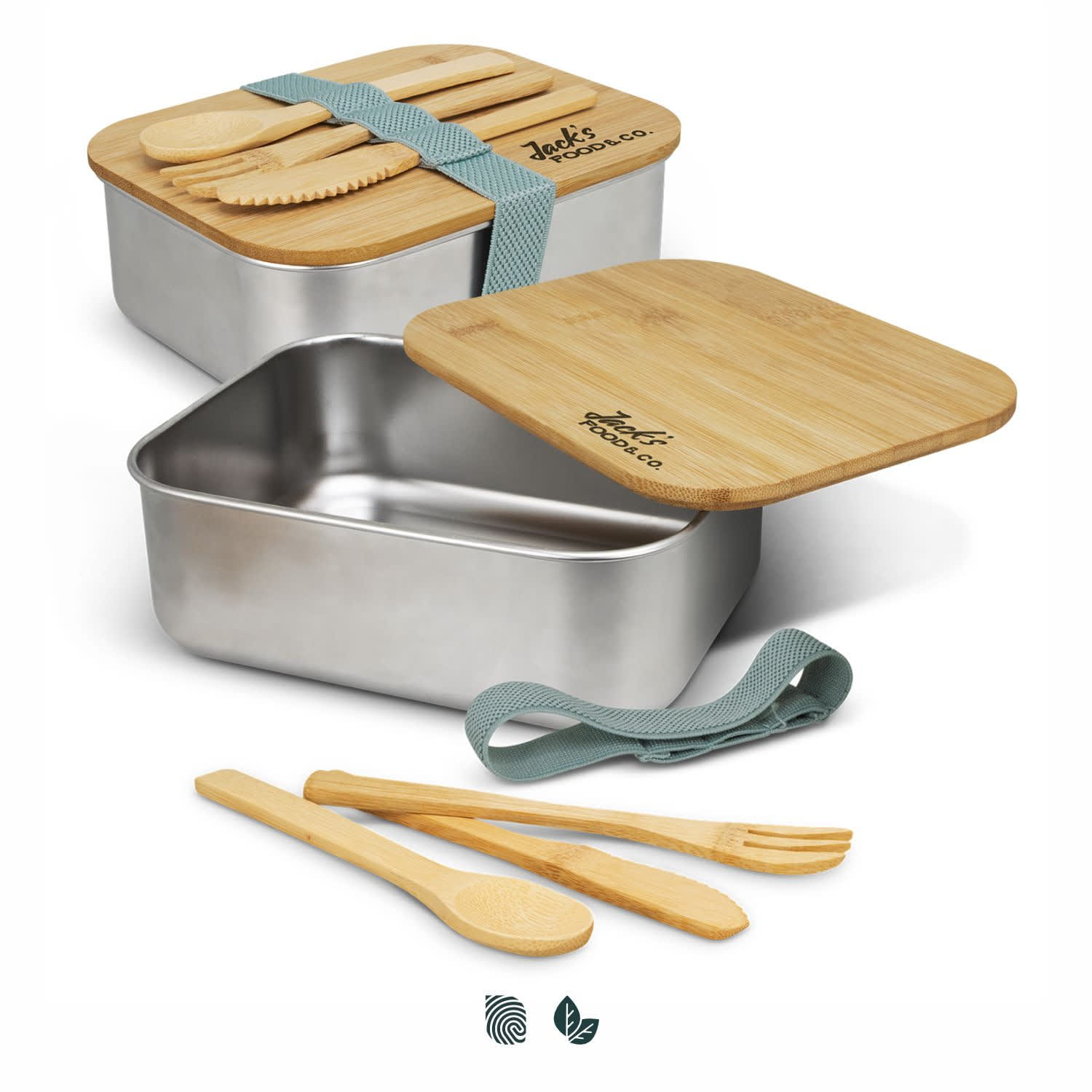 A stainless steel lunch box with bamboo lid, featuring cutlery and a green strap, showcasing a modern design. Stainless Steel Lunch Box with Cutlery - Image 1