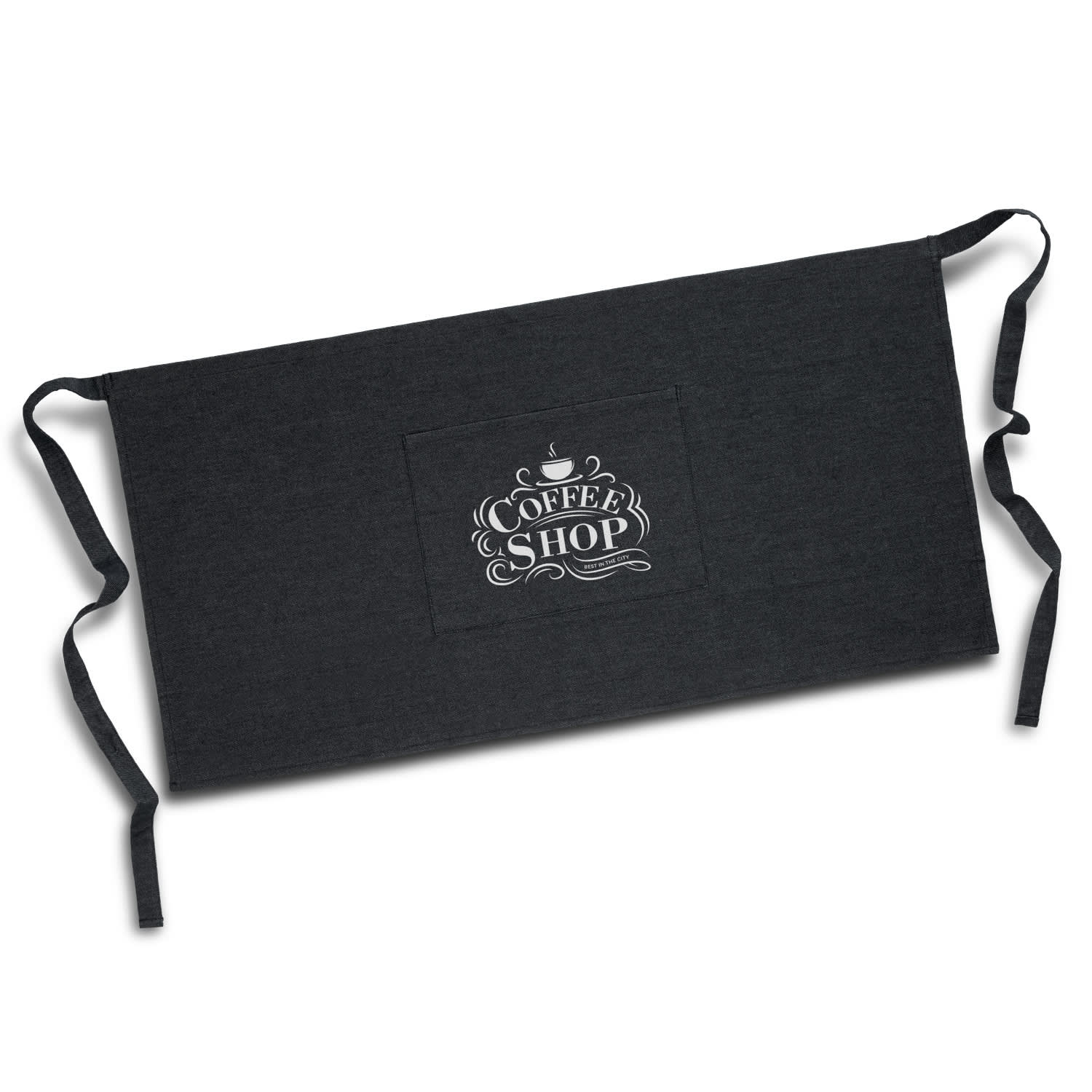 A black denim waist apron featuring a central logo design and ties on either side. Carolina Denim Waist Apron - Image 1
