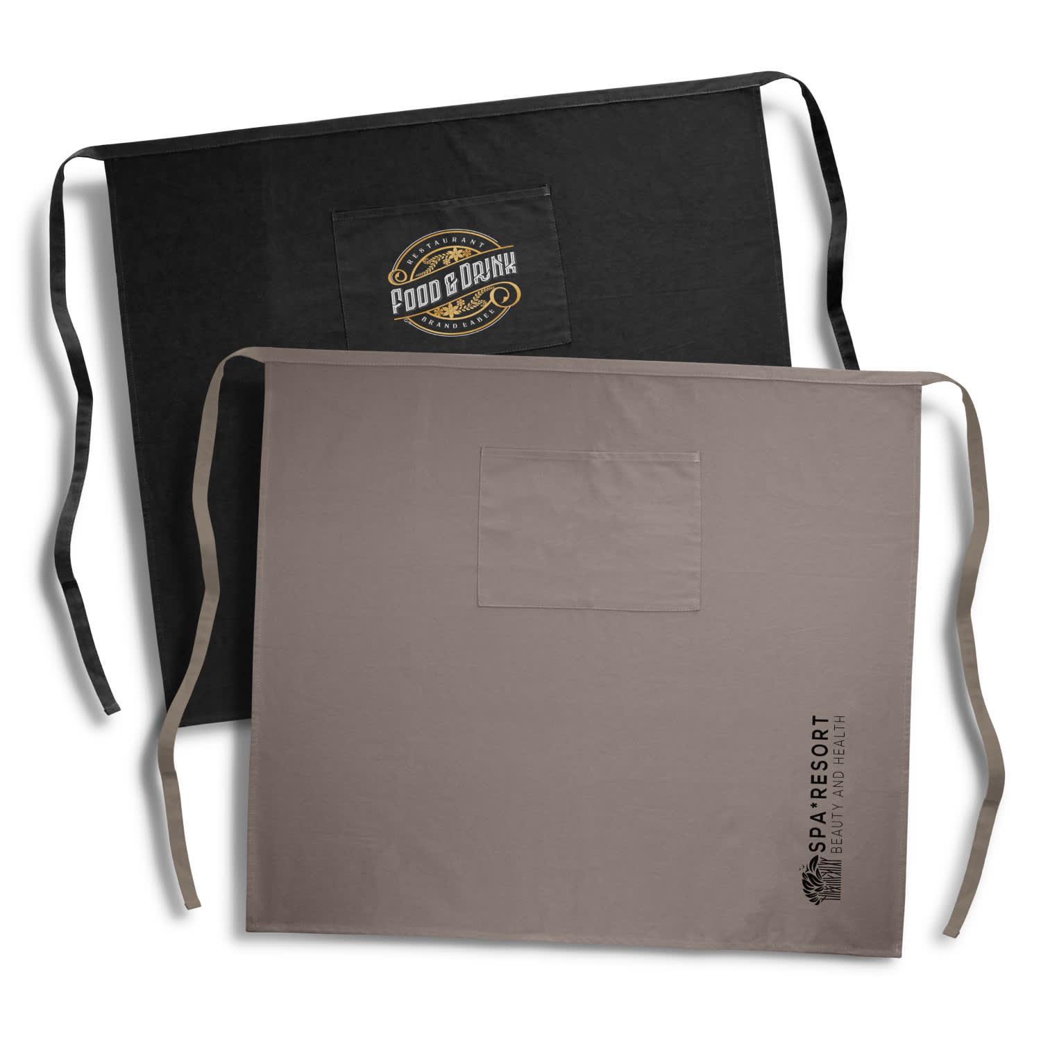 A full-length waist apron in black and beige with pockets and logos on each. Pepper Full Length Waist Apron - Image 1