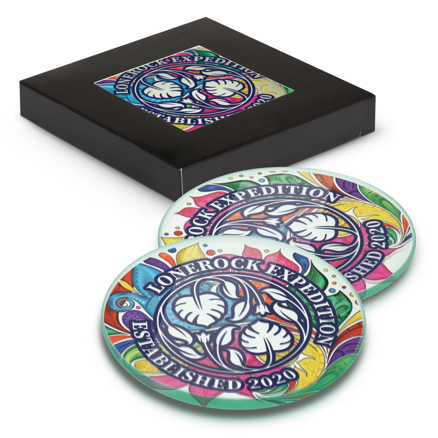 A round glass coaster set of two featuring vibrant colours and intricate floral designs, packaged in a black box. Venice Glass Coaster - Set of 2 - Round - Full Colour - Image 1