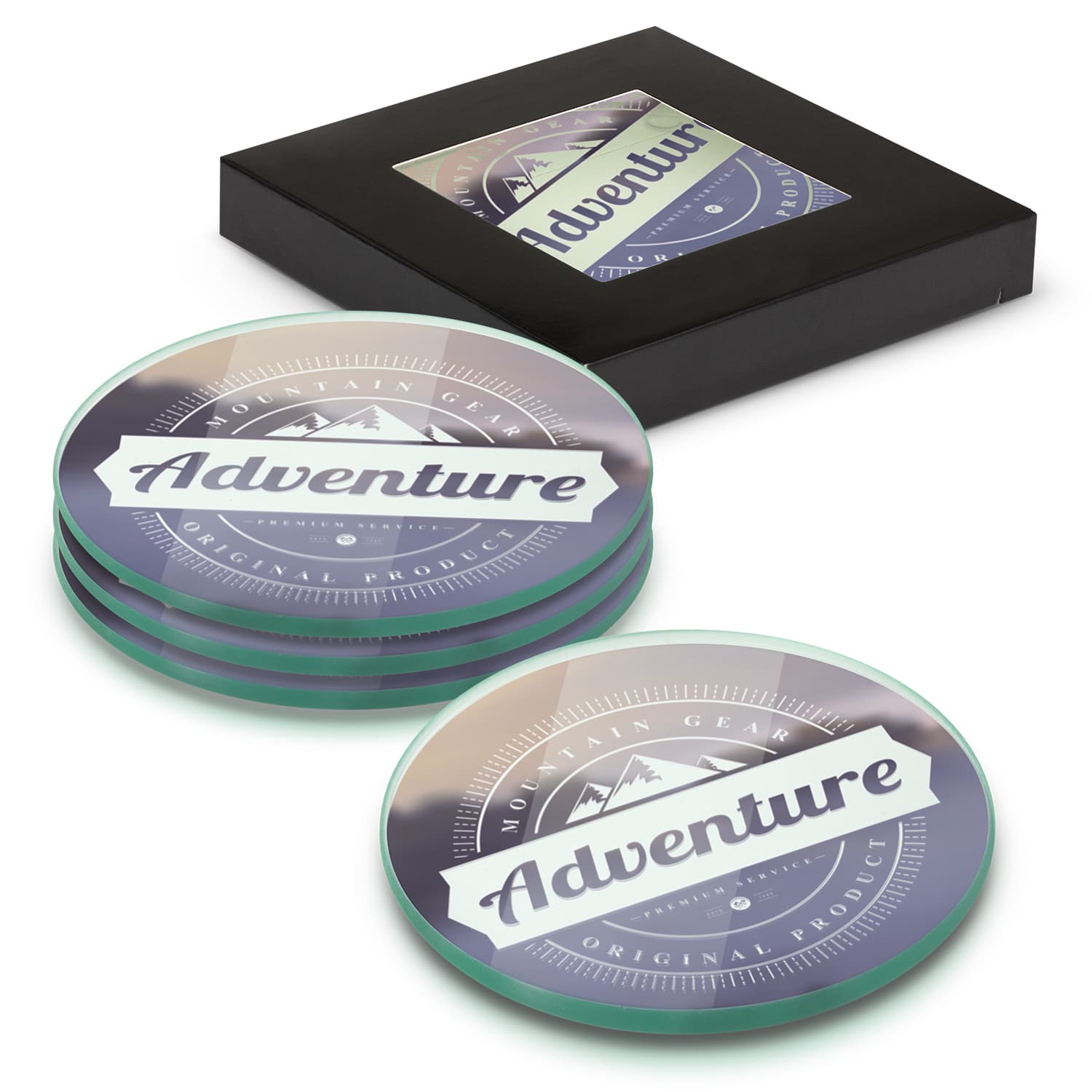 A set of four round glass coasters in various colours, displayed in a black box with a logo. Venice Glass Coaster - Set of 4 - Round - Full Colour - Image 1