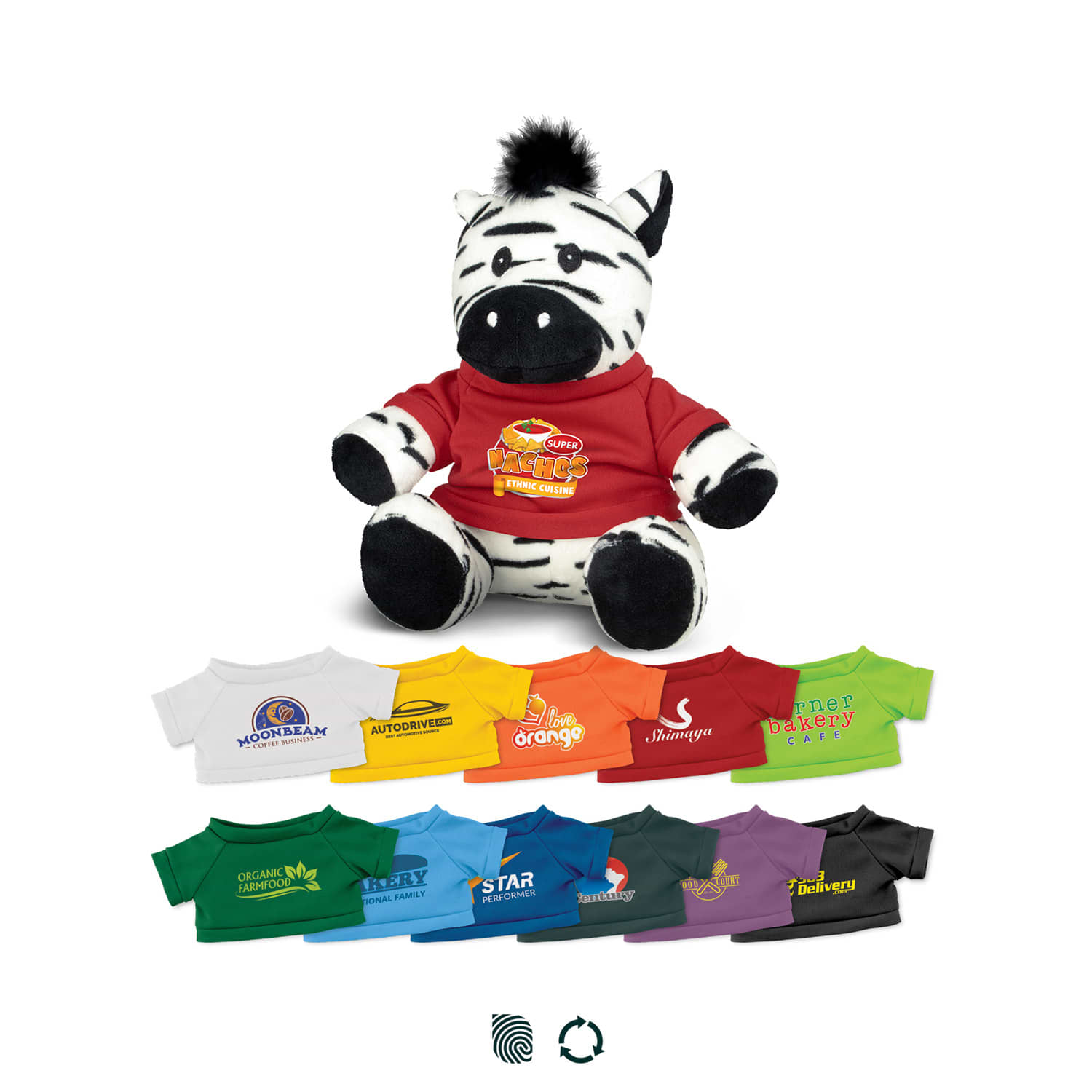 A zebra plush toy wears a red shirt, surrounded by miniature shirts in various colours featuring logos. Zebra Plush Toy - Image 1