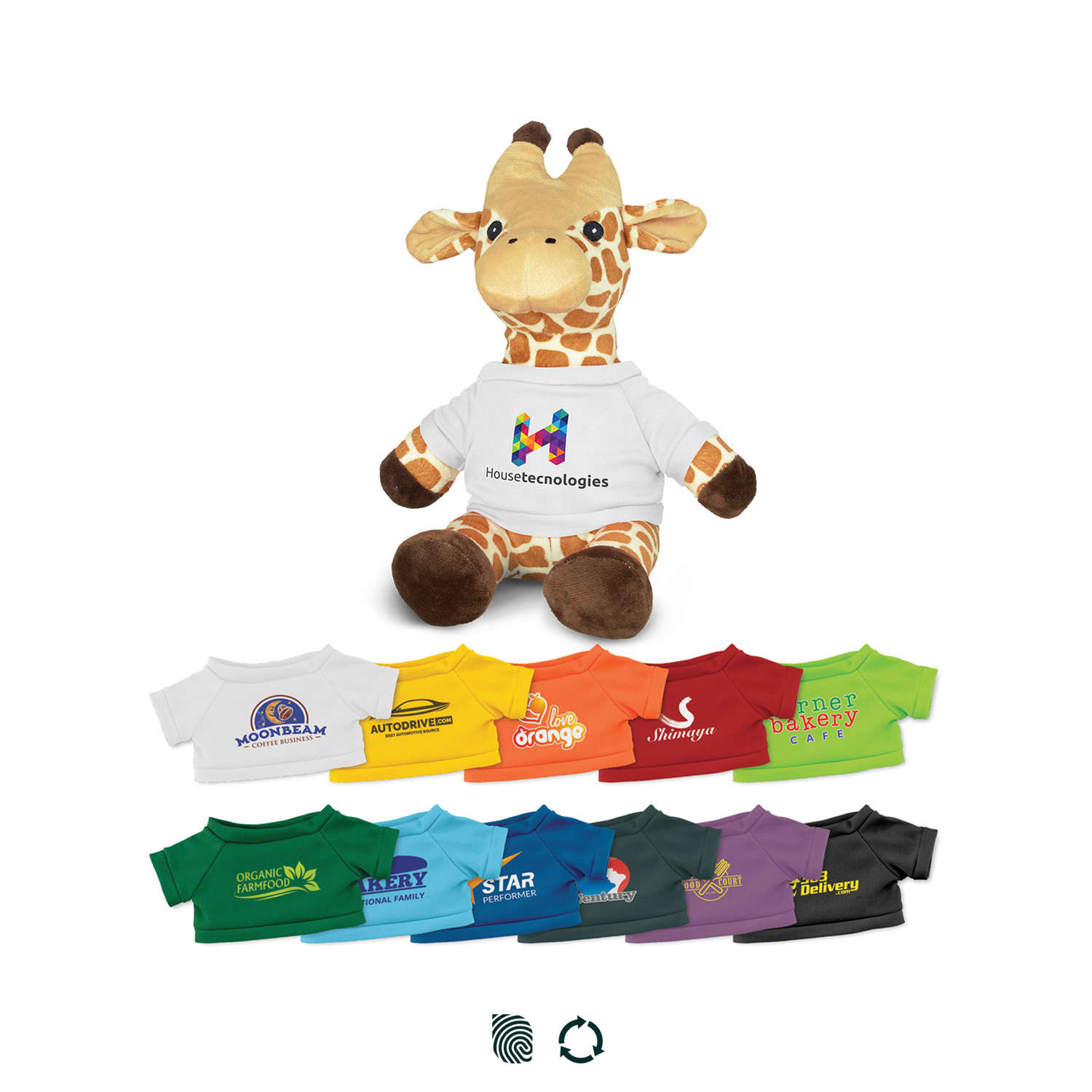 A plush giraffe toy wearing a white shirt, alongside various coloured t-shirts in a range of hues below it. Giraffe Plush Toy - Image 1