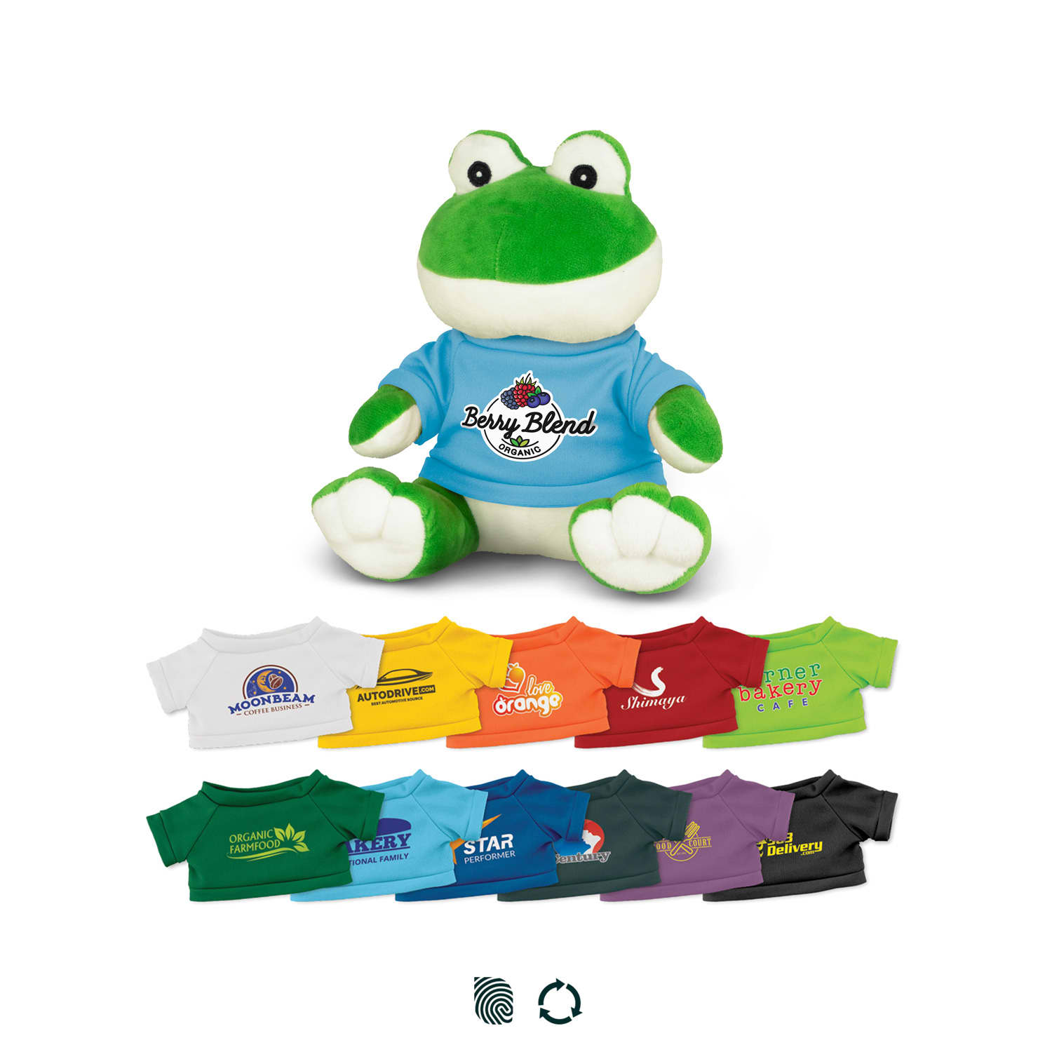 A green frog plush toy wearing a blue T-shirt, surrounded by various other brightly coloured miniature T-shirts. Frog Plush Toy - Image 1