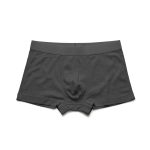 A pair of dark grey boxer briefs with a soft waistband, featuring a logo on the waistband.