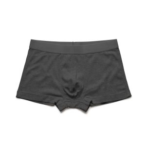A pair of grey boxer briefs with a plain waistband and no visible branding.