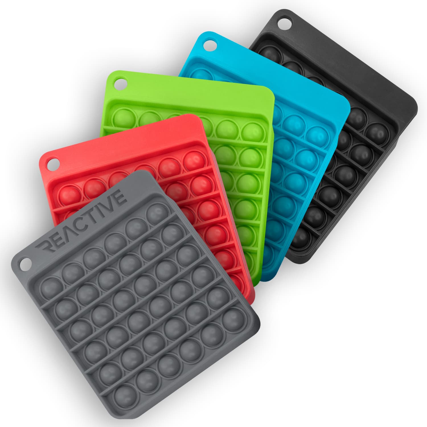 A set of five Pop Bubble Boards in black, green, red, and blue, featuring various bubble patterns. Each board has a loop for hanging. Pop Bubble Board - Image 1