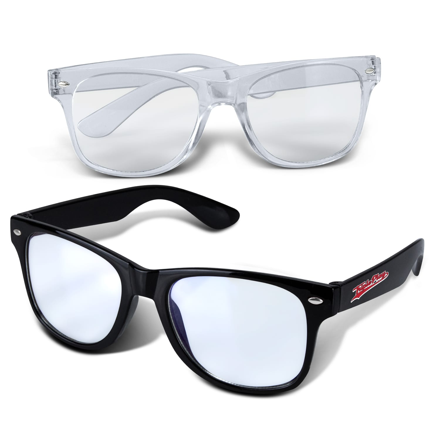 A pair of Malibu blue light glasses, featuring clear and black frames with mirrored lenses. Both have branding visible. Malibu Blue Light Glasses - Image 1
