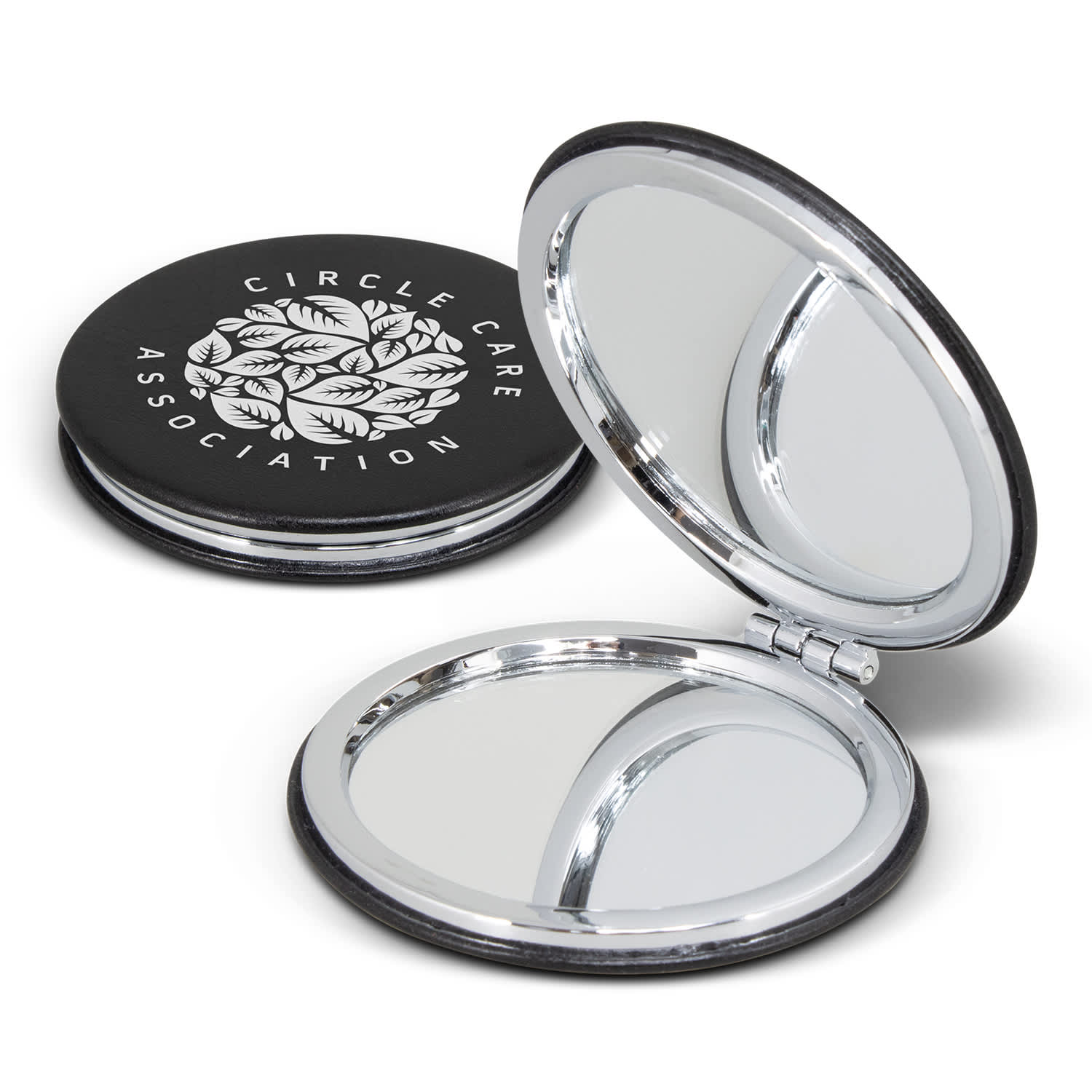 A compact mirror with a black exterior and silver mirrors inside, featuring a logo on the lid. Essence Compact Mirror - Image 1