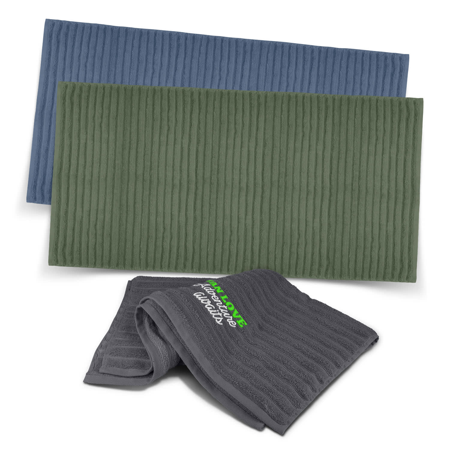 Three luxurious towels in blue, green, and grey, featuring textured patterns and a logo. Palms Luxury Towel - Image 1