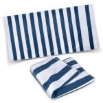 A navy and white striped beach towel, featuring a smooth texture and a folded version at the bottom.