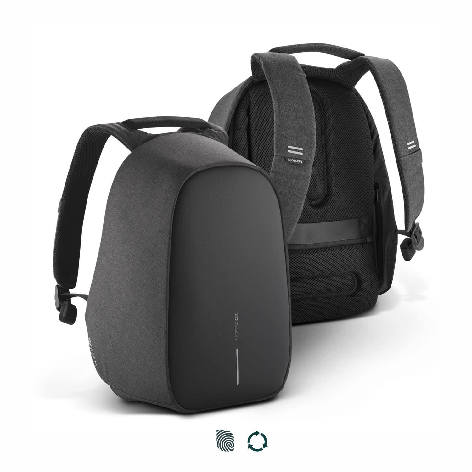 A grey and black backpack with adjustable straps and a sleek design, featuring a branding logo. Bobby Hero Backpack - Image 1